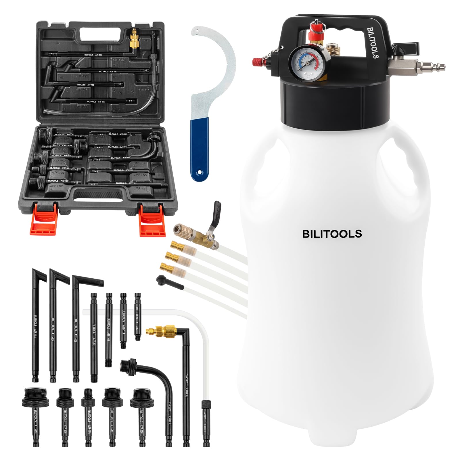BILITOOLS 8L (2.1 Gallons) Automatic Pneumatic Transmission Fluid Transfer Pump - Air Operated Vacuum Oil Extractor & ATF Dispenser Kit with 15 Adapters - Perfect for Car Maintenance, Fluid Changes & Garage Use