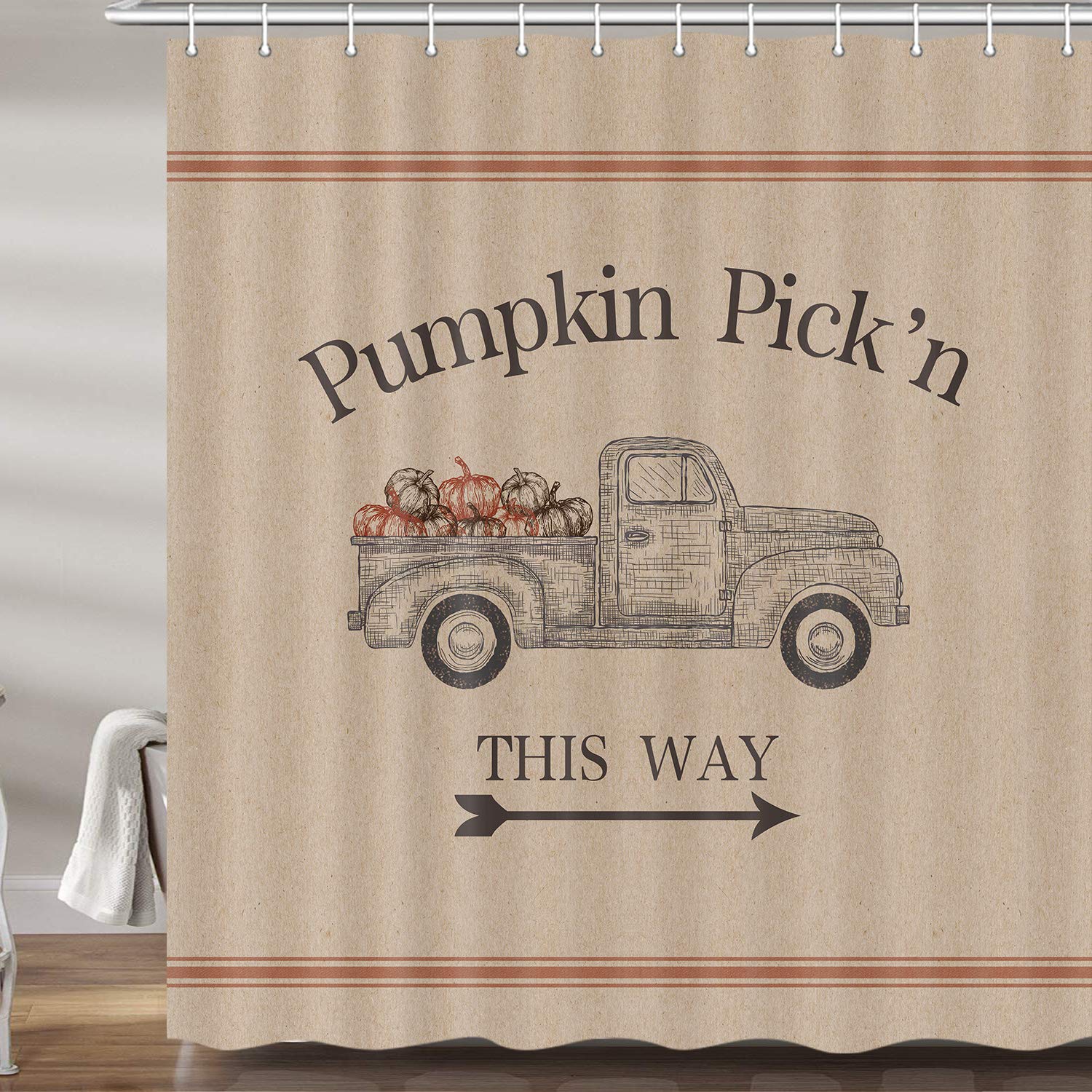 Vintage Fall Pumpkin Shower Curtain Set - Thanksgiving Country Farmhouse Bathroom Decor with Hooks (69x72 Inches) - Perfect for Autumn, Halloween & Cozy Farmhouse Bathrooms