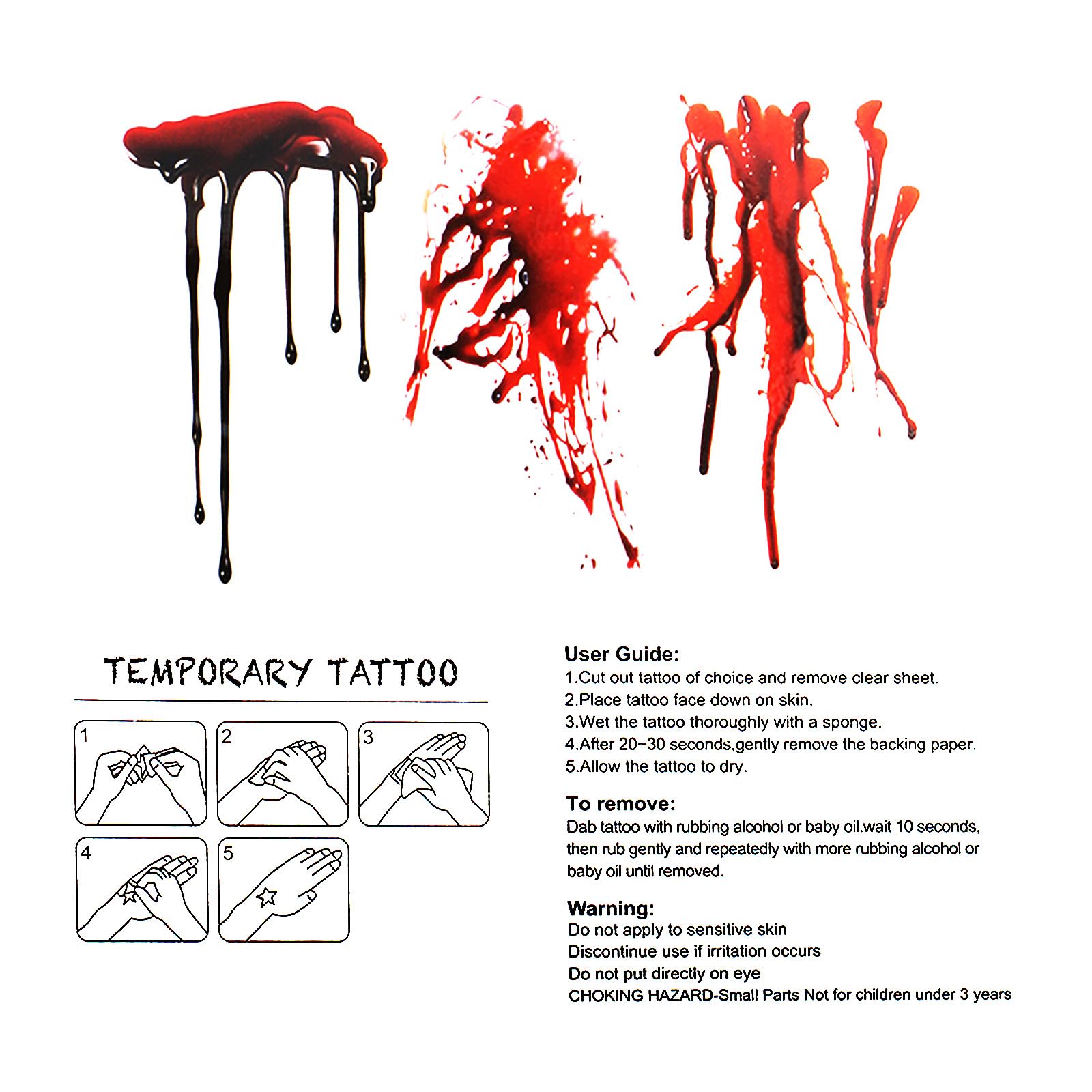 Halloween Temporary Tattoos & Vampire Teeth Fangs Set - Realistic Fake Blood Face Tattoos for Adults & Kids, Waterproof Costume Accessories for Halloween Parties, Cosplay & Trick or Treat