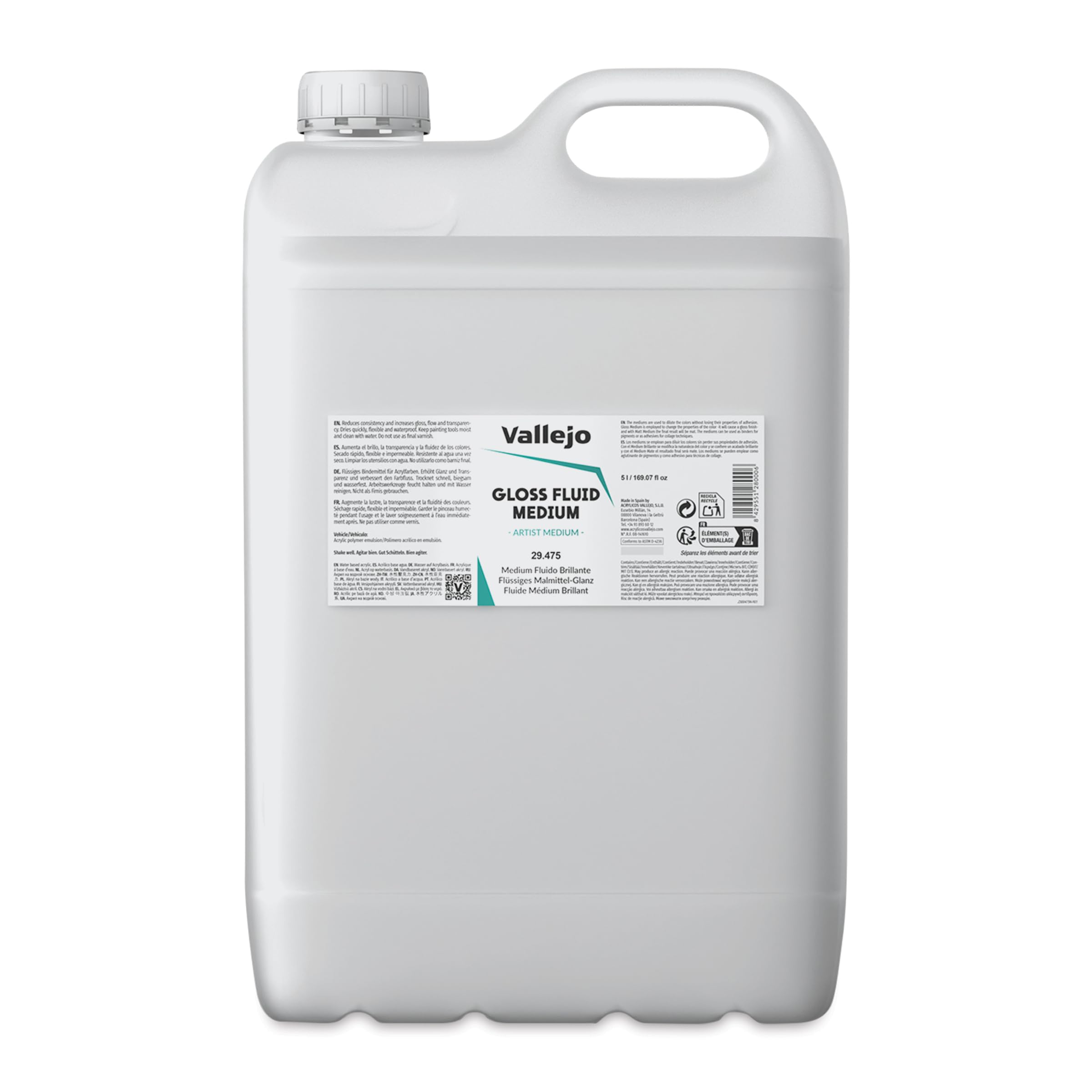 Vallejo Acrylic Fluid Medium - Gloss Finish, 5 Liter Bottle for Professional Artists & Hobbyists - Perfect for Miniature Painting, Model Making & DIY Crafts