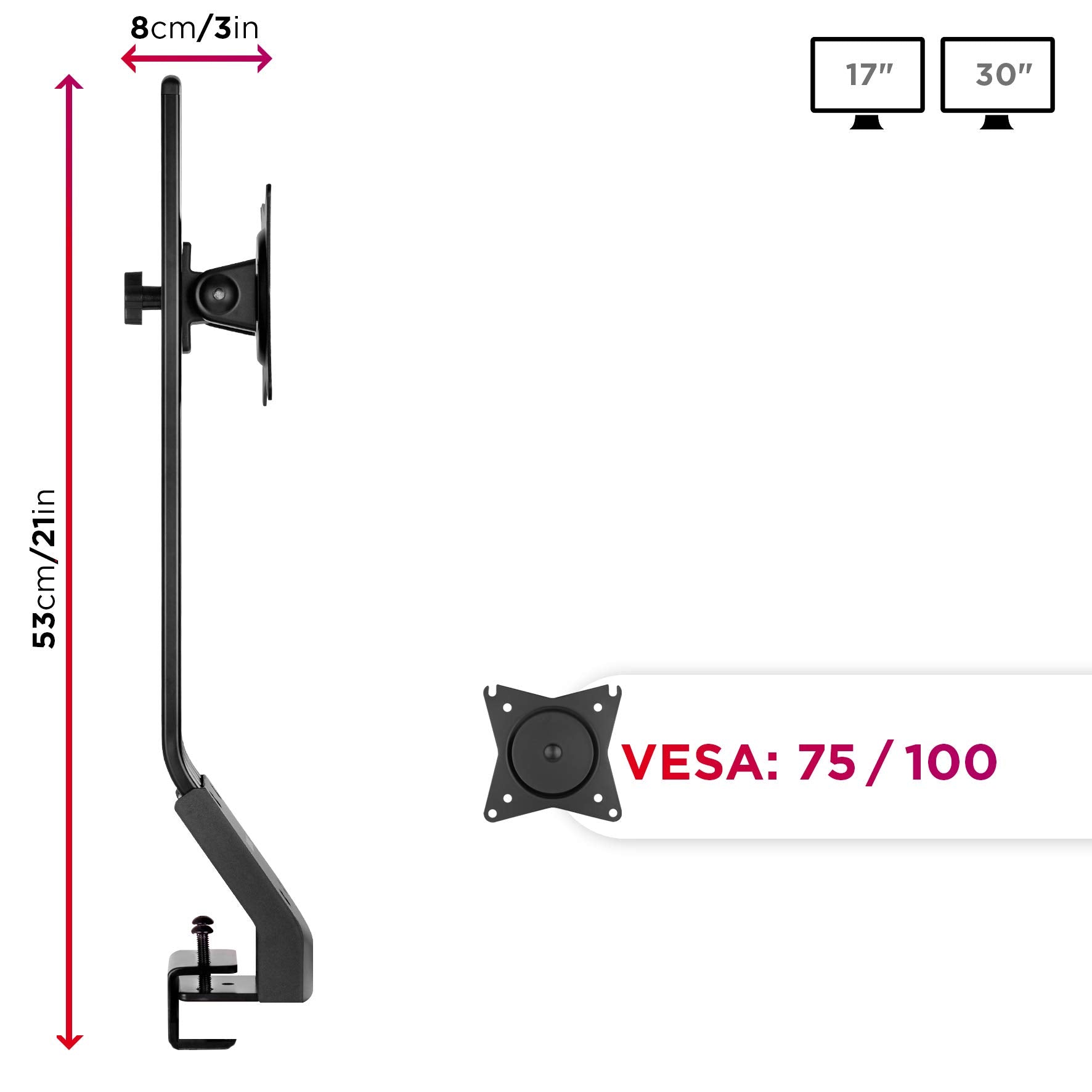 Duronic DM12X1 Low Profile Monitor Arm Stand - Single LCD LED Desk Mount Bracket for 17-30 Inch Screens with 360° Rotation & ±15° Tilt - Perfect for Home Office, Gaming & Workspace Ergonomics