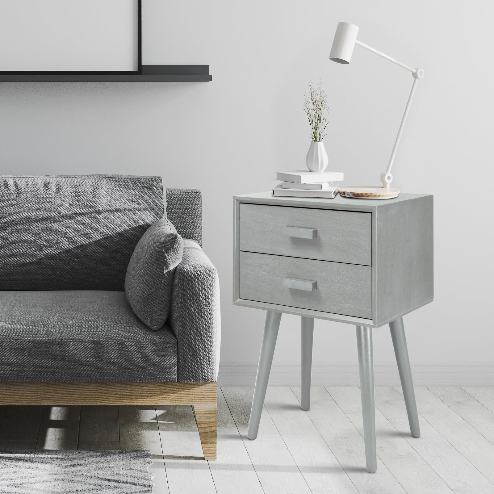 Urbanest Hartford Two Drawer Nightstand - Slate Grey Bedside Table with Storage for Bedroom, Living Room & Small Spaces