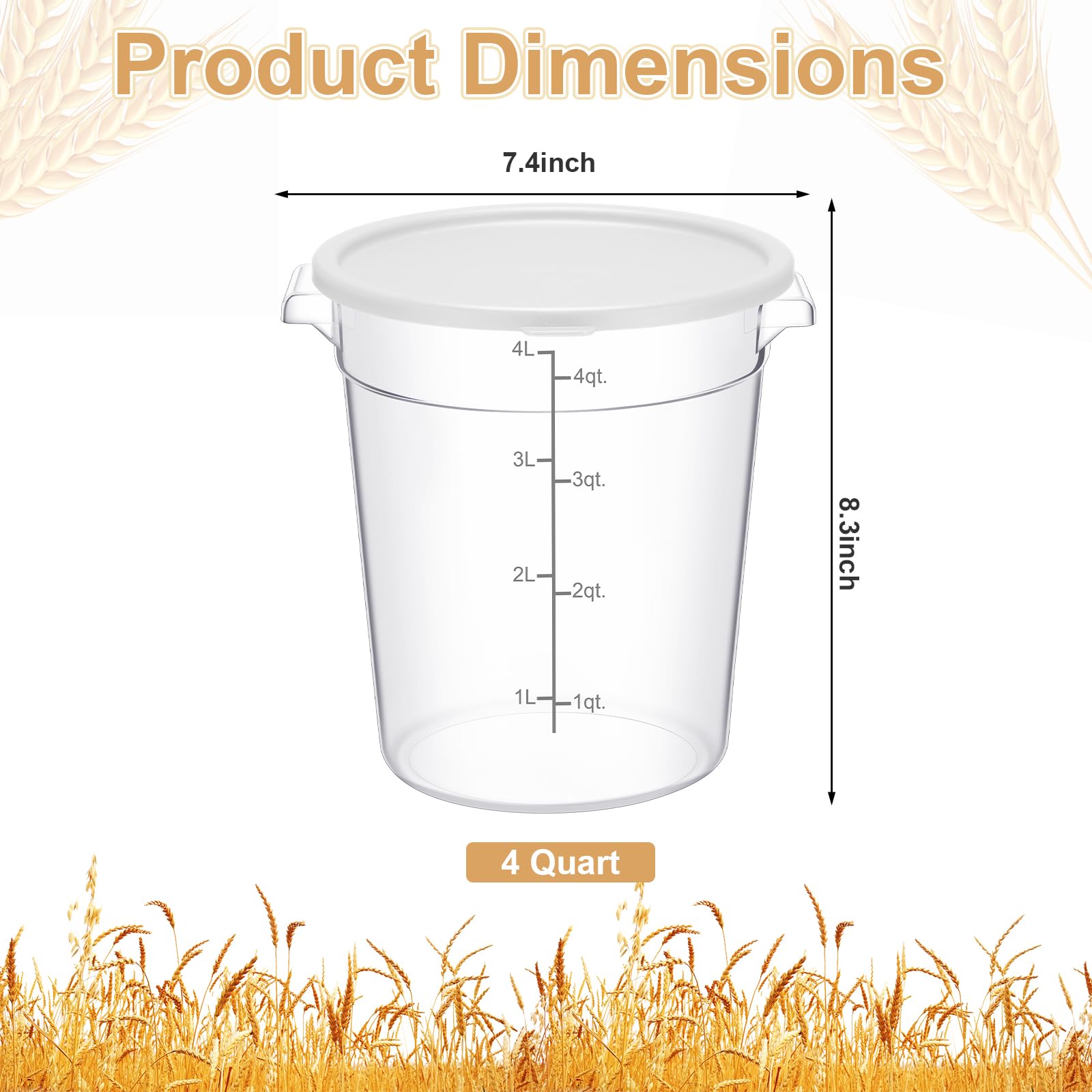 Suclain 4-Piece 4 Qt Clear Food Storage Containers with Lids - Airtight Dough Proofing Buckets for Bread Making, Commercial & Home Kitchen Use - Includes Measurement Scale & Handle - Perfect for Restaurants, Bakeries & Home Baking