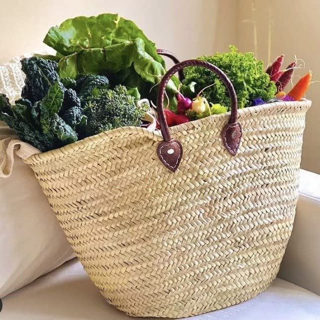 French Straw Basket Bag with Leather Handles - Woven Wicker Beach Tote, Market Shopping Basket - Perfect for Beach Outings, Farmers Market & Boho Chic Style