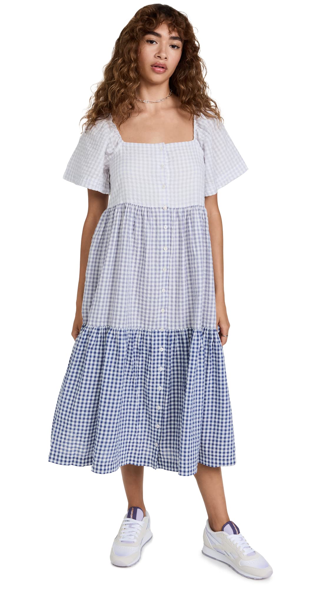 Madewell Women's Patchwork Gingham Button Front Tiered Midi Dress - Floral Summer Dress for Casual Outings, Beach Vacations & Date Nights
