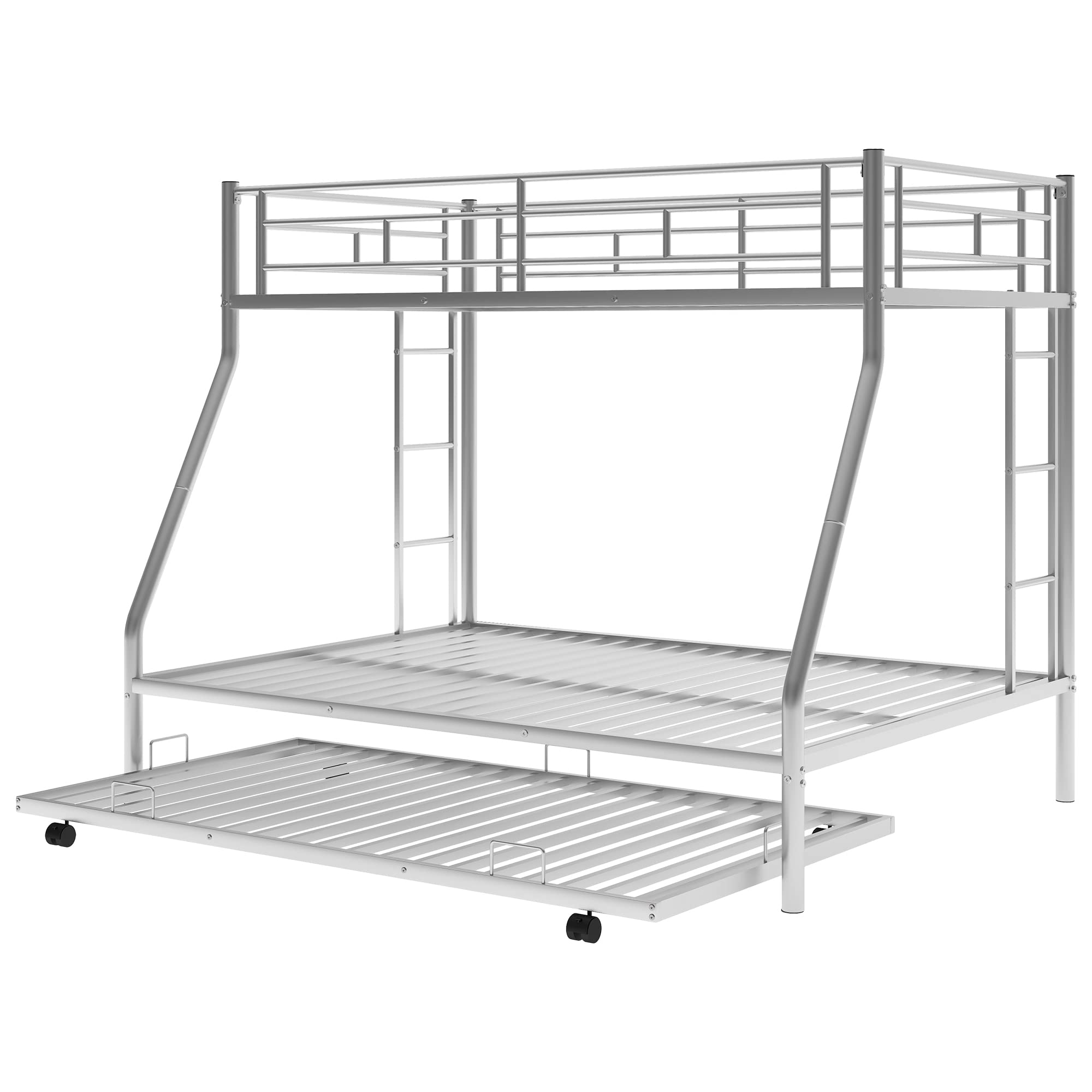 Twin Over Full Bunk Bed with Trundle - Sturdy Metal Bunk Bed Frame with Dual Ladders, No Box Spring Required, Silver Finish | Space-Saving Kids Bedroom Furniture for Siblings or Sleepovers