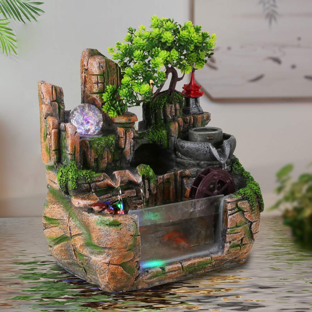 Mini Tabletop Fountain - Indoor Water Fountain with Resin Rockery & Bonsai Design, Perfect for Home Office Desk, Bedroom Decor, Zen Relaxation & Gift Giving