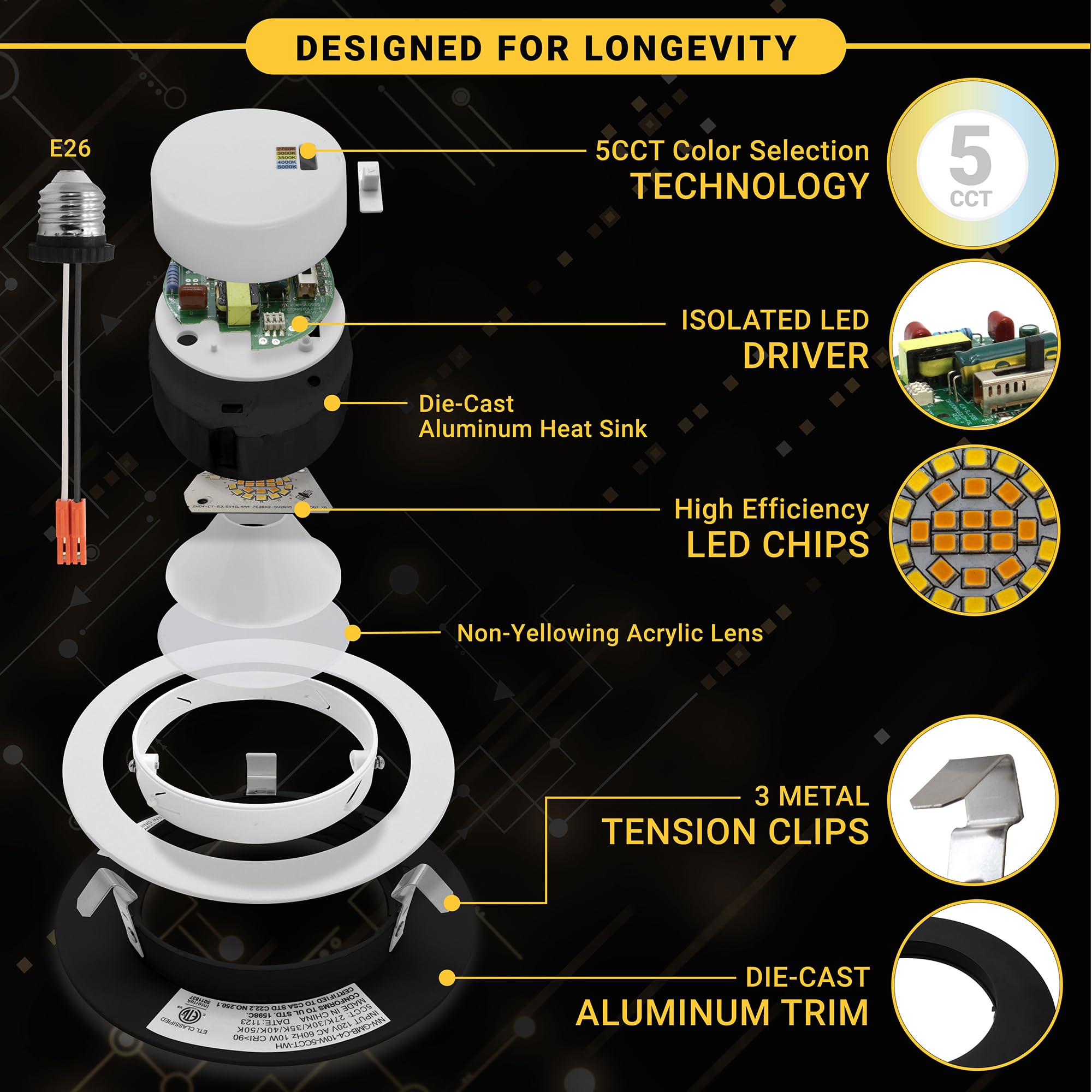 NUWATT Black 4 Inch Gimbal Retrofit LED Recessed Lighting - 5CCT Selectable (2700K-5000K), 750lm High Brightness, 10W, Adjustable Sloped Ceiling Light, Dimmable Eyeball Lights - 6 Pack - Perfect for Living Rooms, Kitchens & Bedrooms