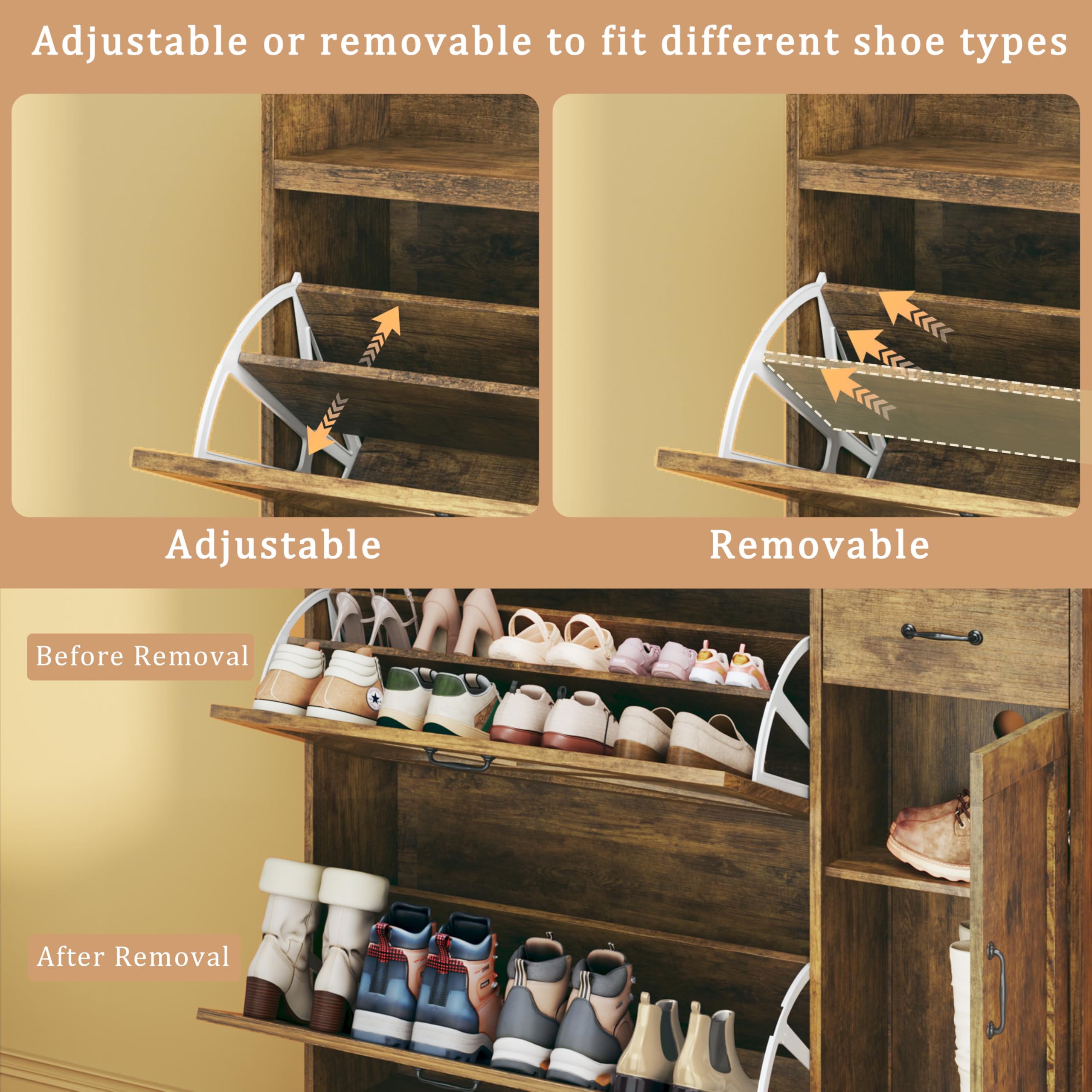Freestanding Shoe Storage Cabinet with 2 Flip Drawers & Side Cabinet - Adjustable Shelves Shoe Organizer for Entryway, Hallway, Living Room - Brown Wooden Shoe Rack for Home Organization & Closet Storage