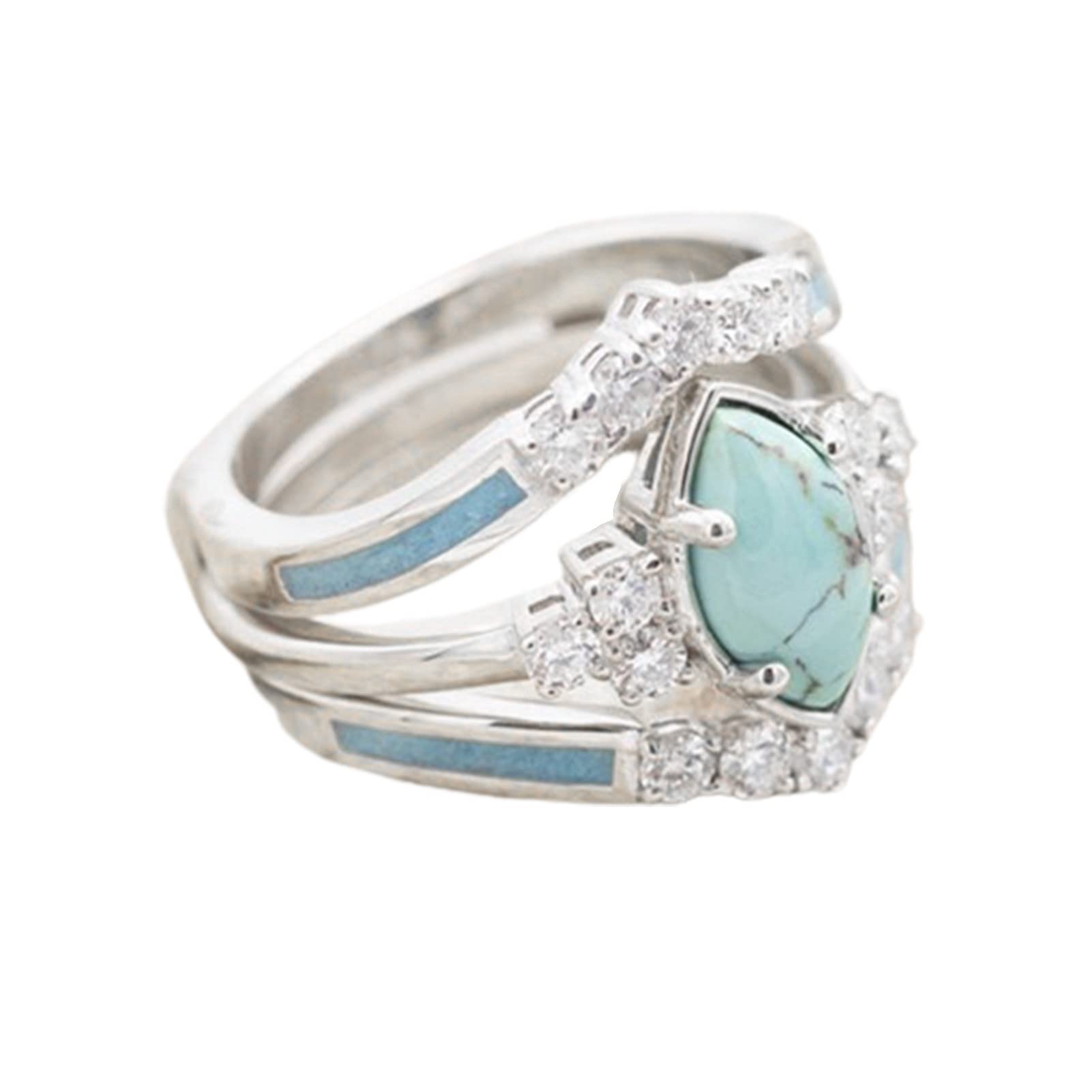 Natural Turquoise & Diamond Sterling Silver Ring Set - 3 Piece Fashion Jewelry for Women | Elegant Gift for Her, Perfect for Weddings, Parties & Everyday Wear