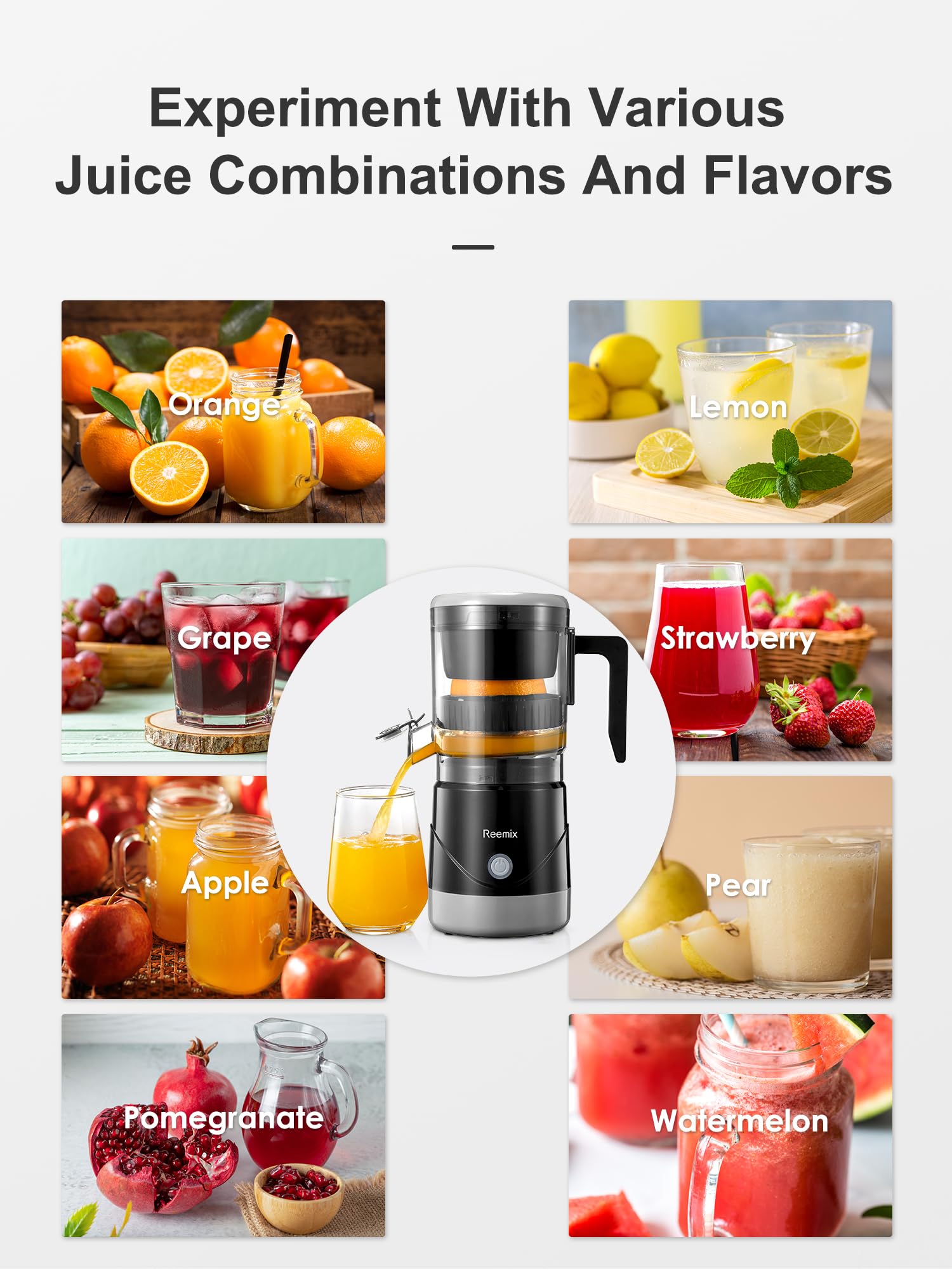 Reemix Electric Citrus Juicer - One-Touch Automatic Orange, Lemon & Grapefruit Squeezer with Cleaning Brush | Portable & Easy to Clean | Perfect for Breakfast, Juice Bars & Healthy Home Cooking