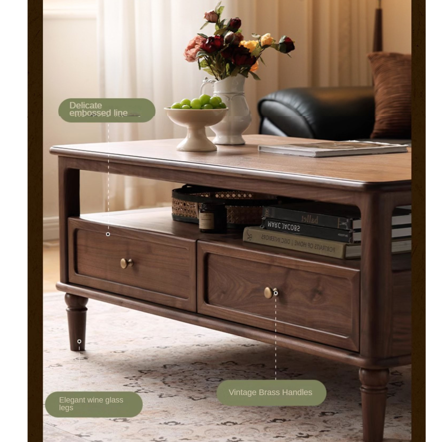 Solid Black Walnut Wood American Retro Coffee Table - Mid-Century Modern Style for Living Room, Lounge & Office Decor