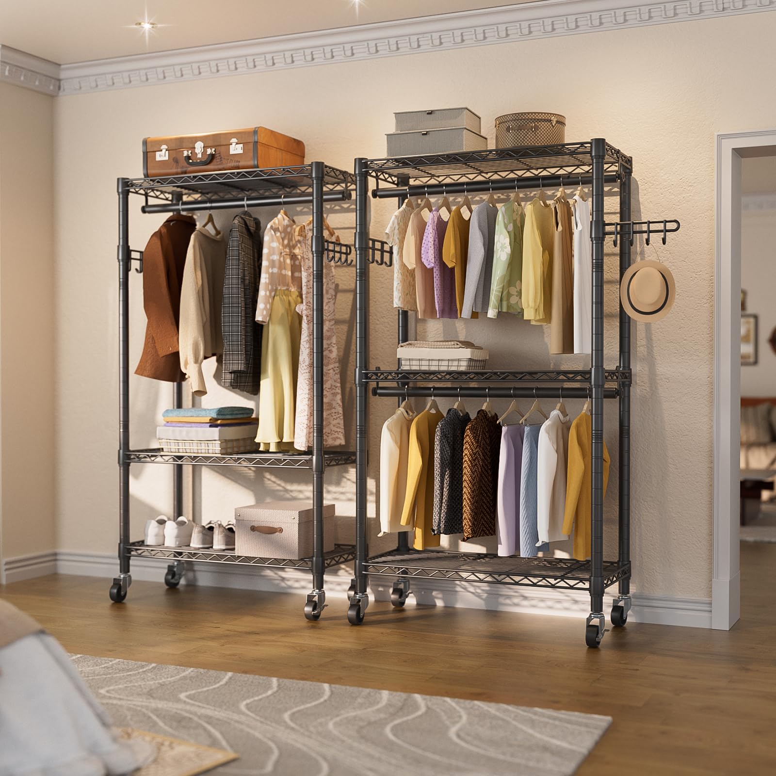 Heavy Duty Rolling Garment Rack with 3-Tier Adjustable Wire Shelves - Double Rods & Side Hooks for Hanging Clothes | Freestanding Wardrobe Storage | Portable Metal Closet Organizer for Bedroom, Laundry Room, or Retail Store