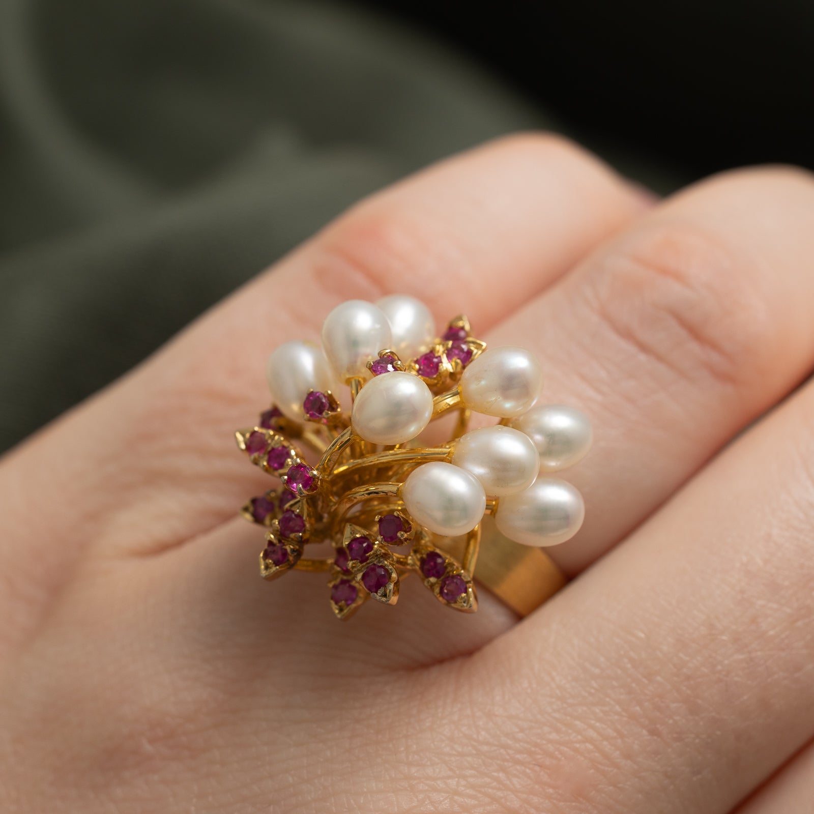 Exquisite Pearl & Ruby Cocktail Ring | 0.66ctw | Size 5 | Elegant Jewelry for Evening Parties & Special Occasions