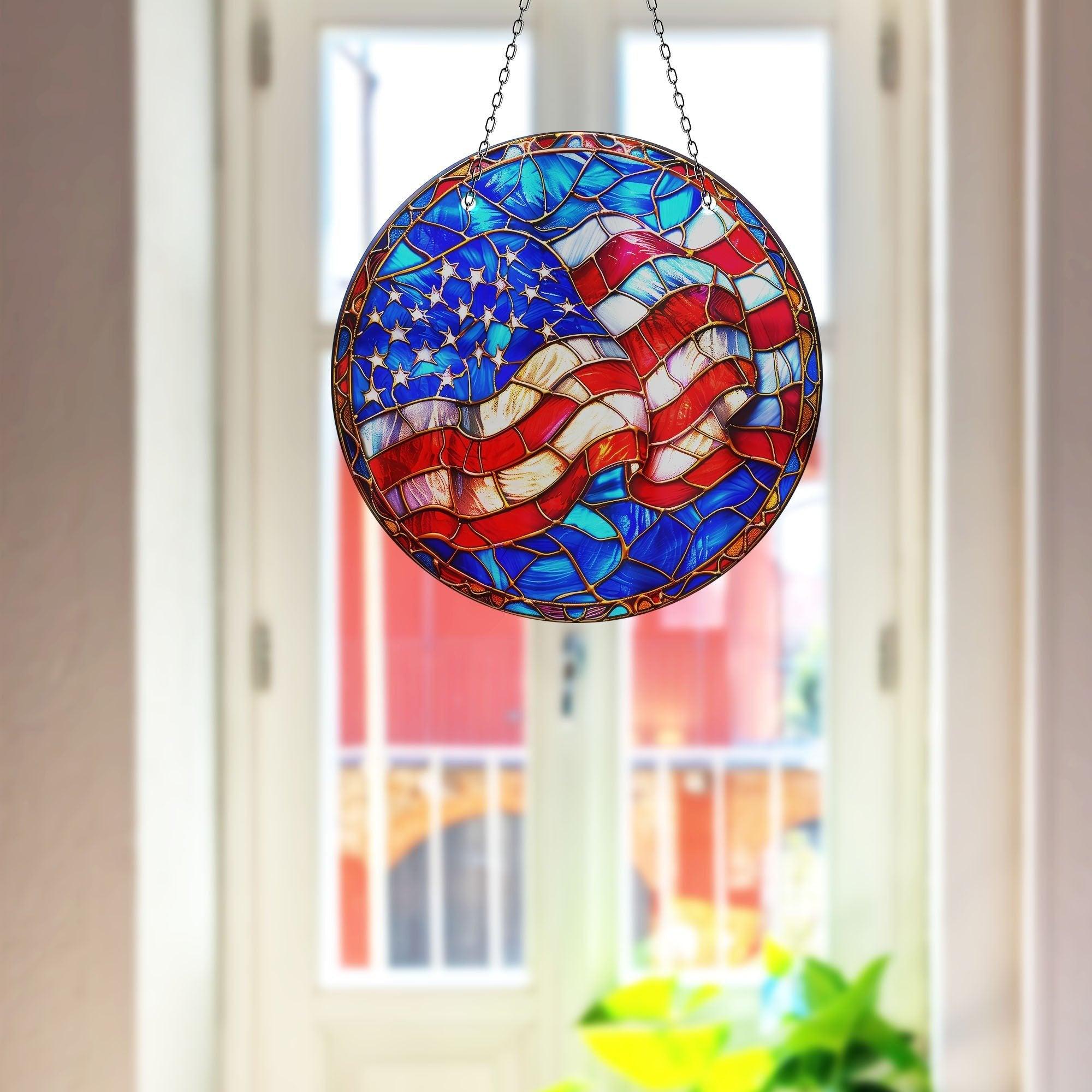 American Flag Suncatcher - Patriotic Window Decoration for Home & Office - Perfect for Independence Day, Memorial Day & Veterans Day Decor