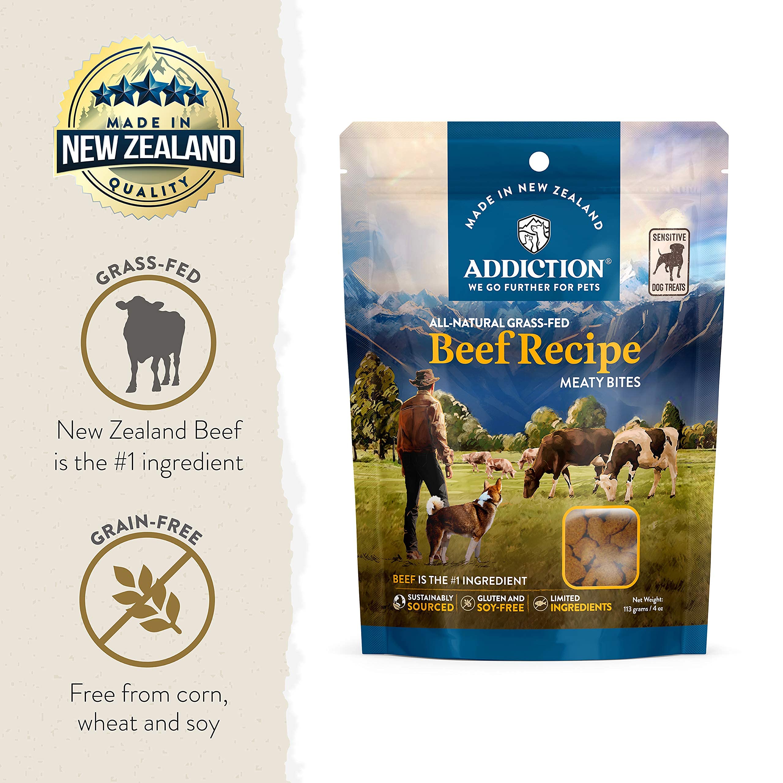 Addiction Meaty Bites Hypoallergenic Dog Treats - High Protein Grain-Free Soft Dog Snacks - Made in New Zealand with Real Beef - 4oz (6 Pack) for Training, Rewards & Sensitive Stomachs
