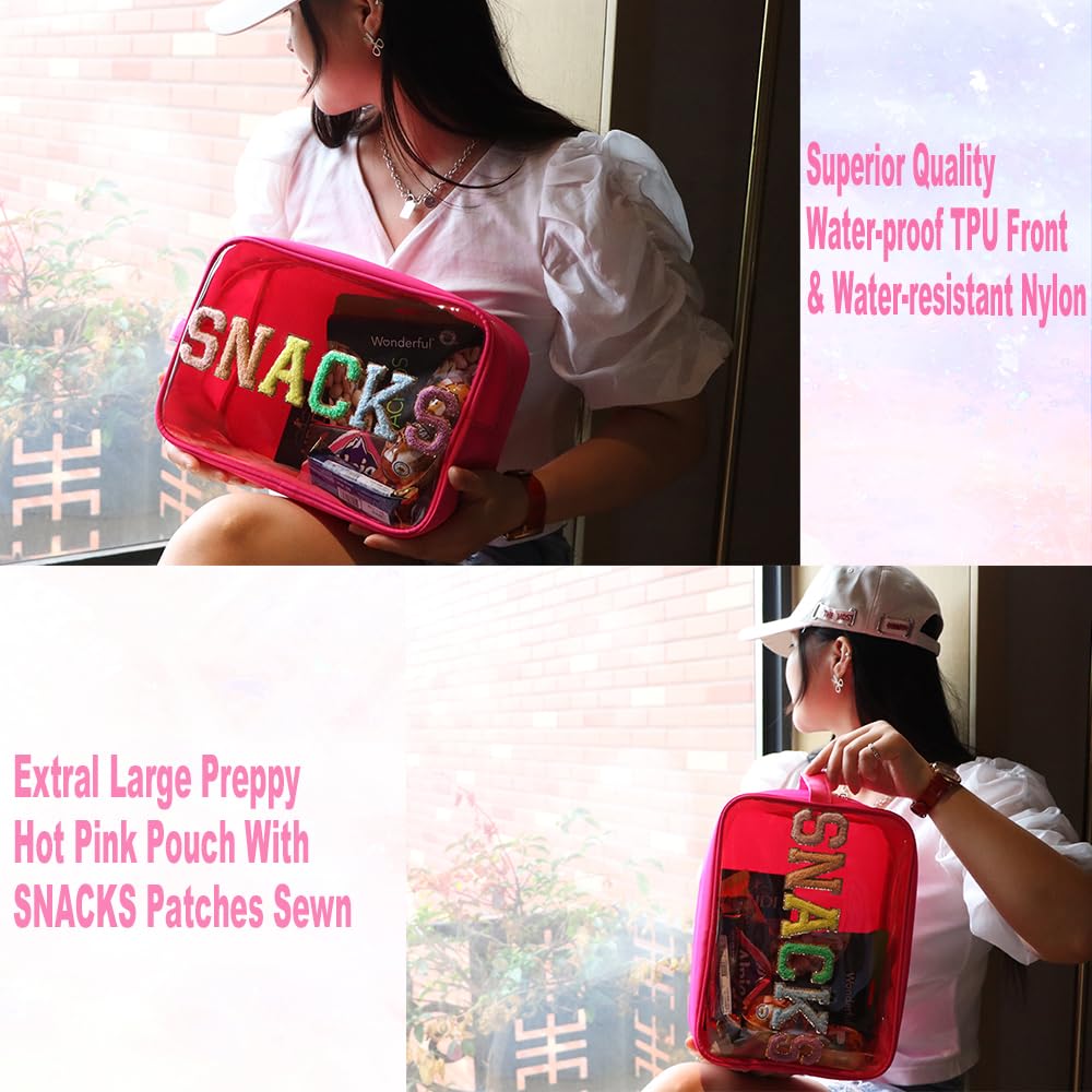 Large Clear Glitter Snack Bags - Reusable TPU & Nylon Snack Pouches for Travel, School & Work - Preppy Transparent Food Storage Bags for Women & Kids (Hot Pink) - Perfect for Lunch, Snacks, Candy & On-the-Go Organization