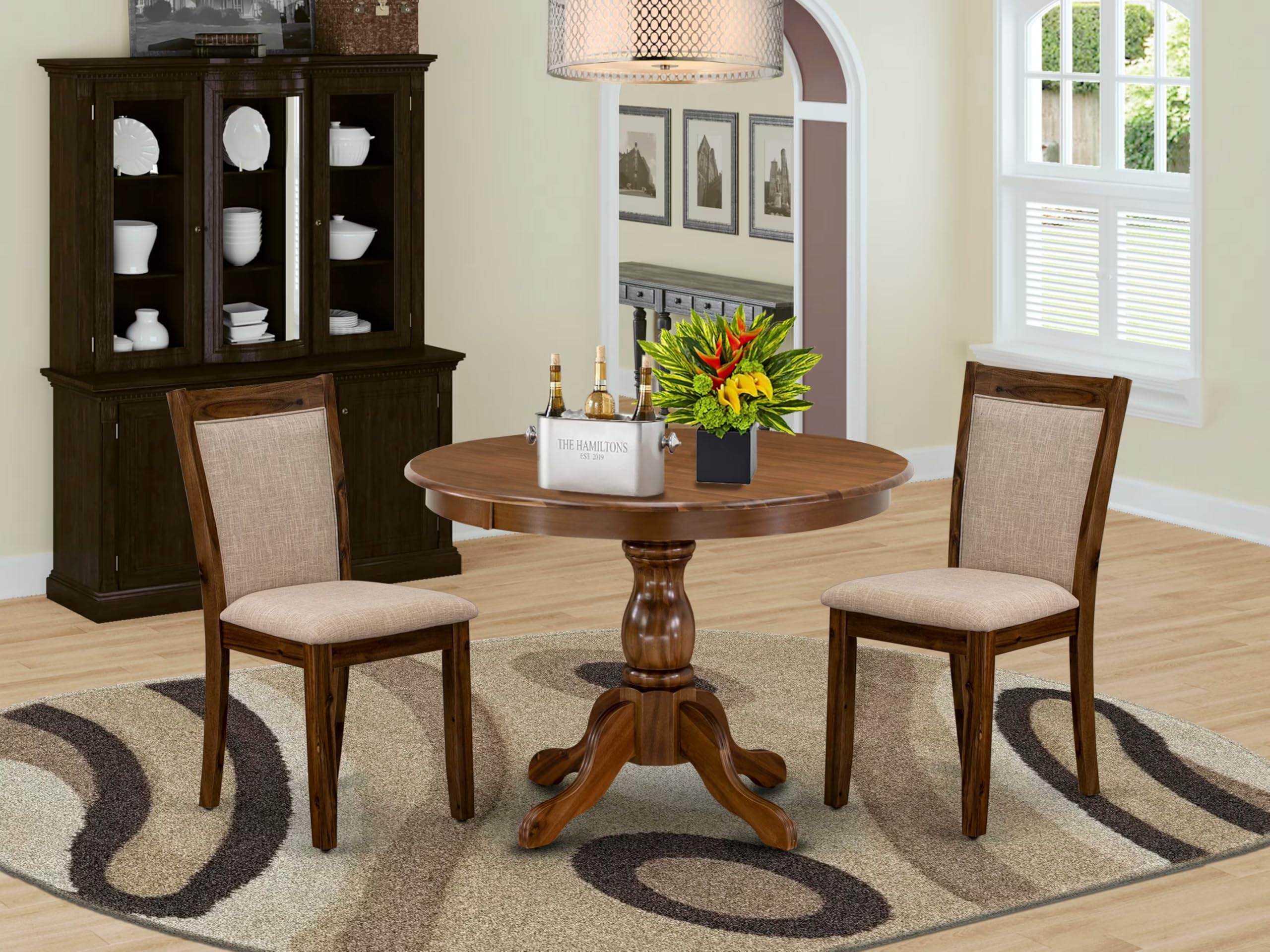 East West Furniture HBMZ3-AWN-04 3-Piece Round Dining Table Set with Pedestal Base & 2 Light Tan Linen Upholstered Chairs, 42x42 Inch, Antique Walnut - Perfect for Small Spaces, Breakfast Nooks & Cozy Kitchen Dining Areas