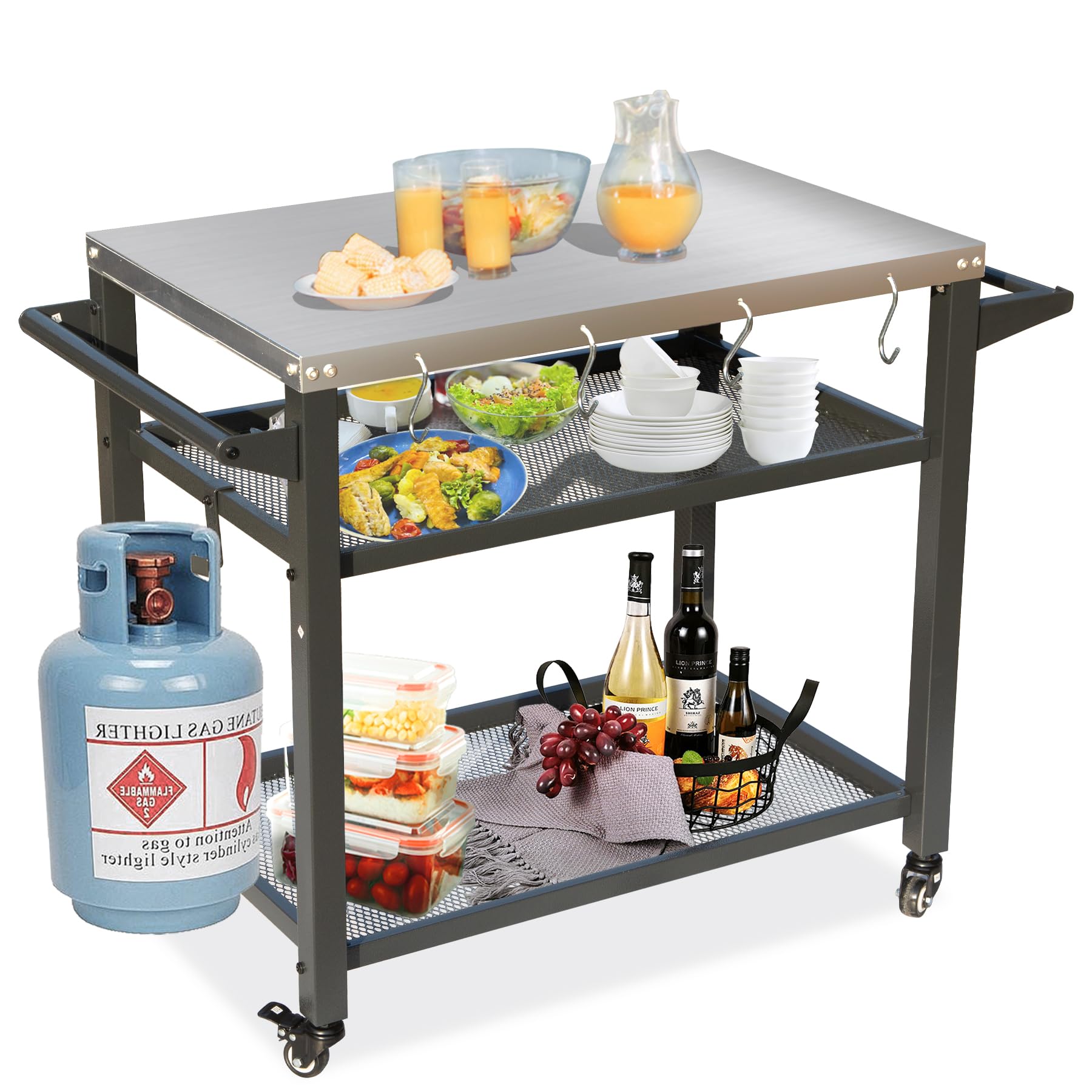 **Domi 3-Shelf Outdoor Grill Table with Wheels | Stainless Steel Prep & BBQ Cart for Blackstone Griddle | Perfect for Backyard, Camping & Tailgating**