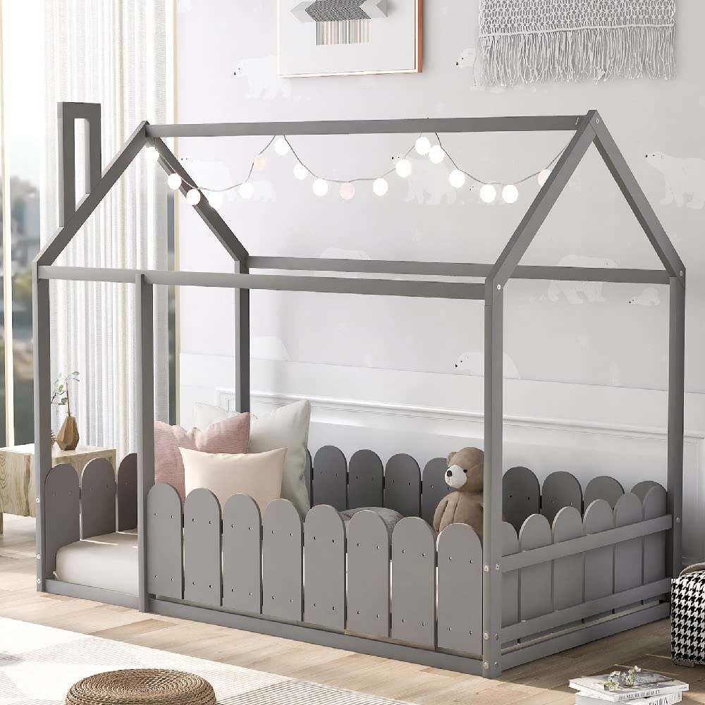Harper & Bright Designs Full Size House Bed for Kids with Roof & Fence - Sturdy Wood Bed Frame for Boys, Girls & Teens - Easy Assembly (Gray) - Perfect for Bedrooms, Playrooms & Montessori Spaces