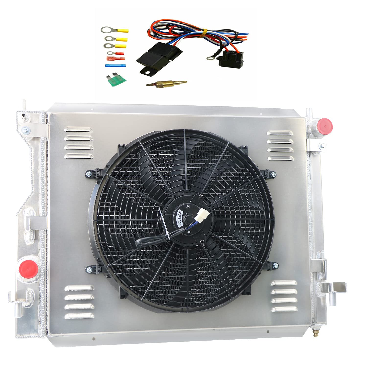 High Performance Aluminum Radiator for 2005-2014 Ford Mustang 3.7L 4.0L 4.6L 5.0L V6 V8 - 3 Row Cooling System with Fan Shroud & Relay Kit - Perfect for Racing, Off-Road & Daily Driving
