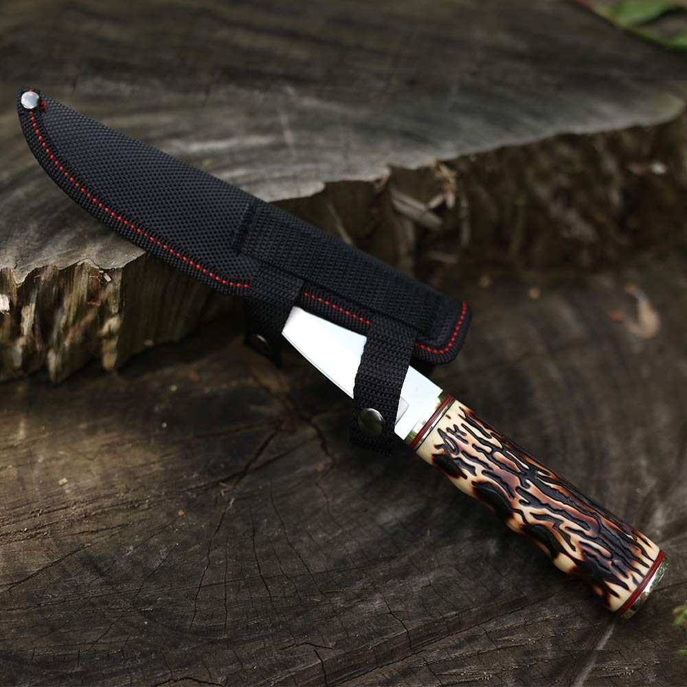 Fixed Blade Tactical Knife with Nylon Sheath - Cold Steel Hunting Knife with Smooth Imitation Bone Handle - Perfect for Camping, Survival & Outdoor Adventures (BLADE 1)