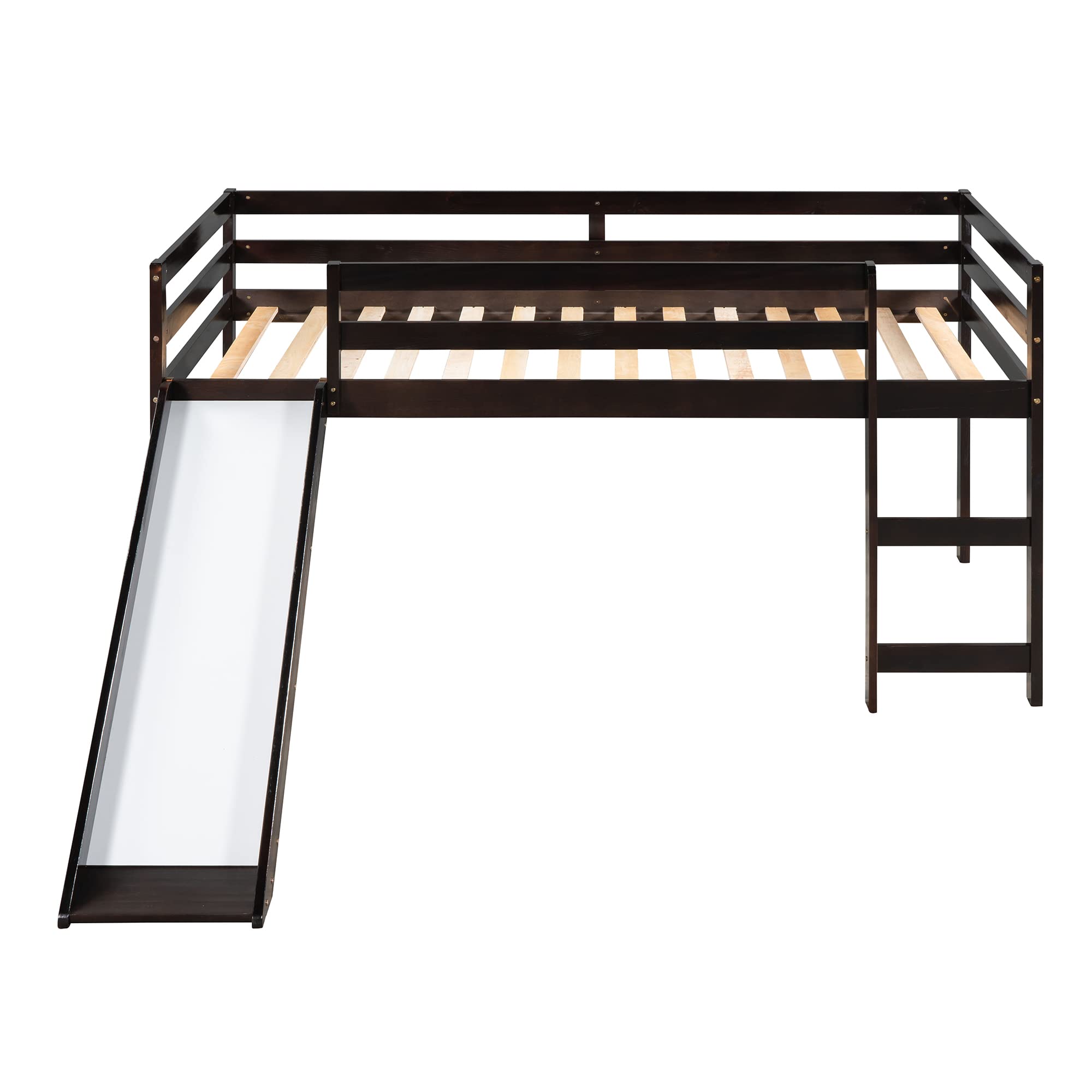 **Low Loft Bed with Slide for Kids - Twin Size Wooden Loft Bed Frame with Climbing Ladder & Safety Guard Rail - Espresso Finish - Perfect for Small Rooms, Playrooms & Sleepovers**