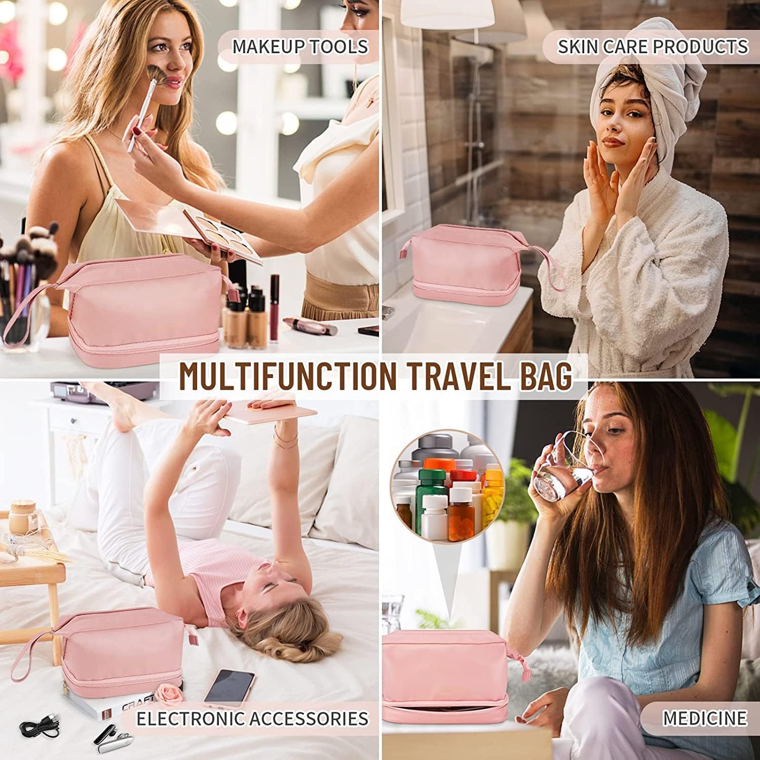 Gnanex Double Layer Makeup Bag - Large Waterproof Leather Travel Cosmetic Organizer with Zipper Pouch, Portable Toiletry Bag for Women & Girls (Pink) - Perfect for Travel, Gym, and Daily Essentials Storage