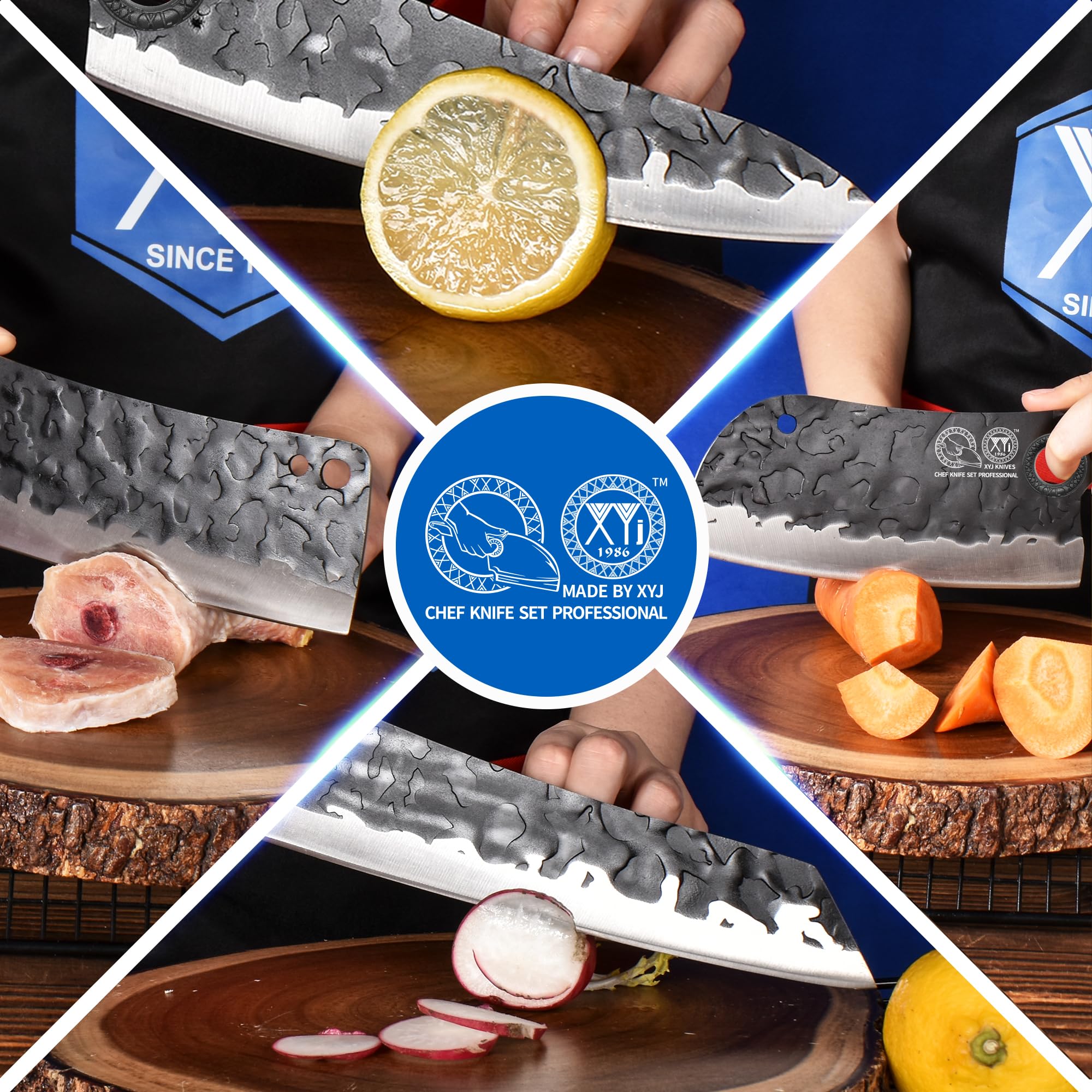 XYJ Professional Kitchen Knife Set - 6-Piece High-Carbon Steel Forged Chef Knives with Full Tang Design (Chef Knife, Cleaver, Carving Knife, Nakiri) Includes Carrying Case & Poultry Shears - Perfect for Home Cooking, Professional Chefs & Meat Processing