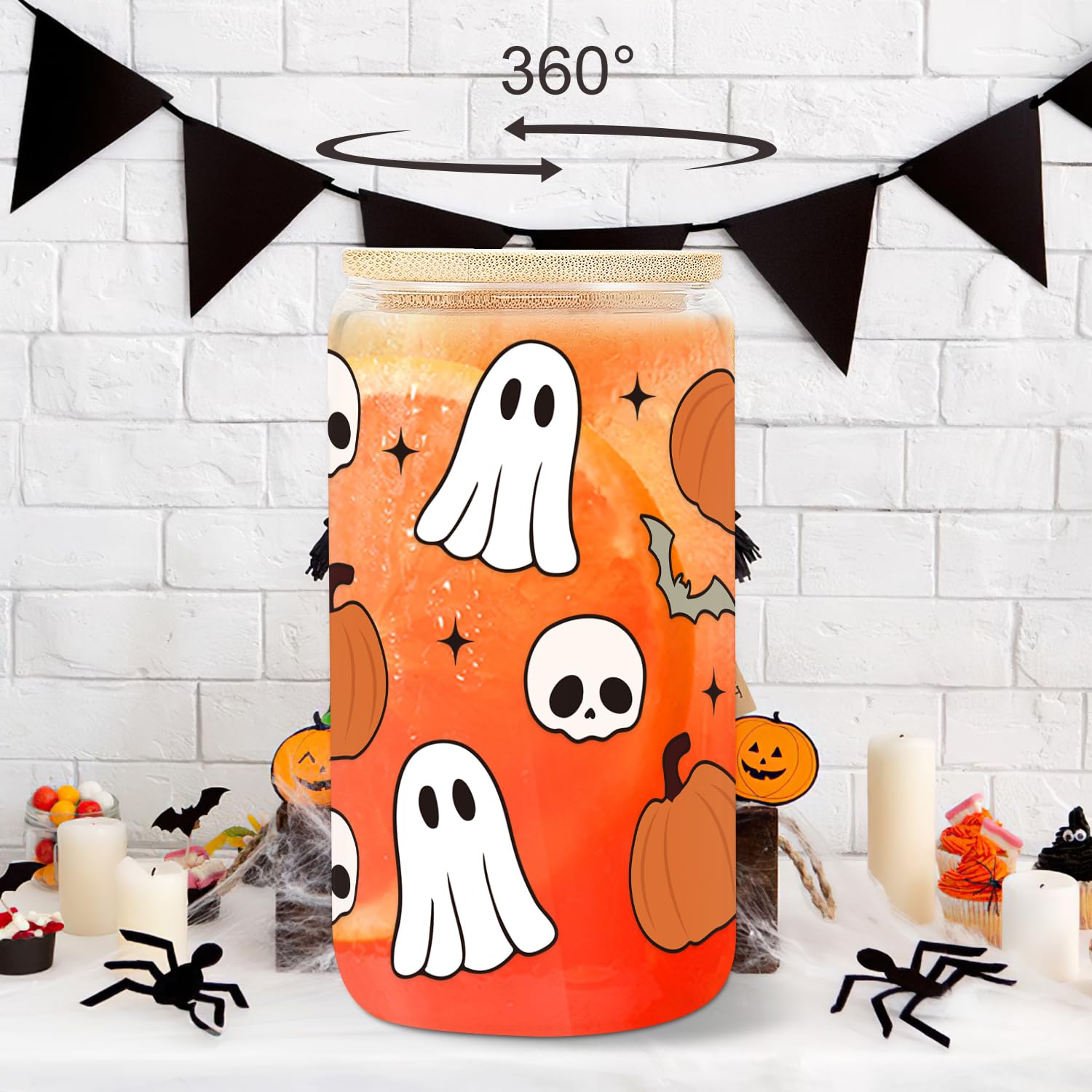 UAREHIBY 18oz Halloween Glass Tumbler with Lid & Straw - Ghost, Pumpkins, Bats & Skulls Design - Spooky Coffee Mug for Women - Perfect for Halloween Parties, Office Use & Gift Giving