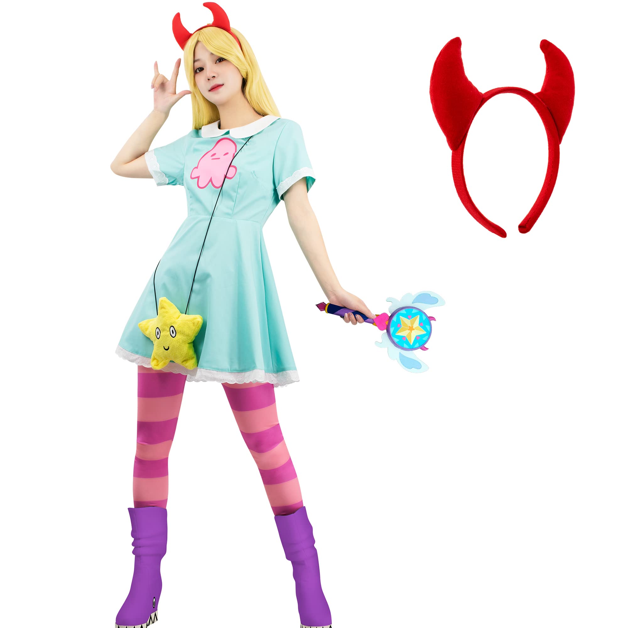 DAZCOS Women's Star Cosplay Costume Set with Horn Headband & Bag - Perfect for Halloween, Comic Con, Cosplay Parties & Fantasy Events
