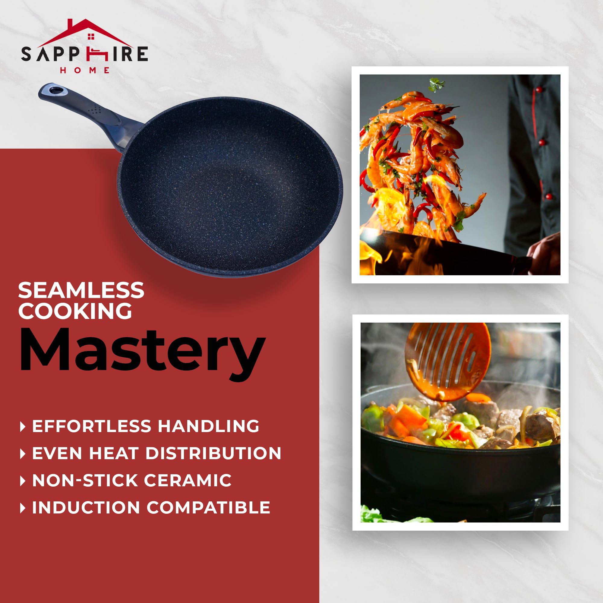 Premium 9-Layered Nonstick Ceramic Wok Pan - 12.5 Inch Korean Marble-Coated Frying Pan for Induction Cooktops - Easy Clean Cast Aluminum Cookware for Sauteing, Stir-Frying, Eggs & Fried Rice - Perfect for Asian Cooking, Home Kitchen & Restaurant Use