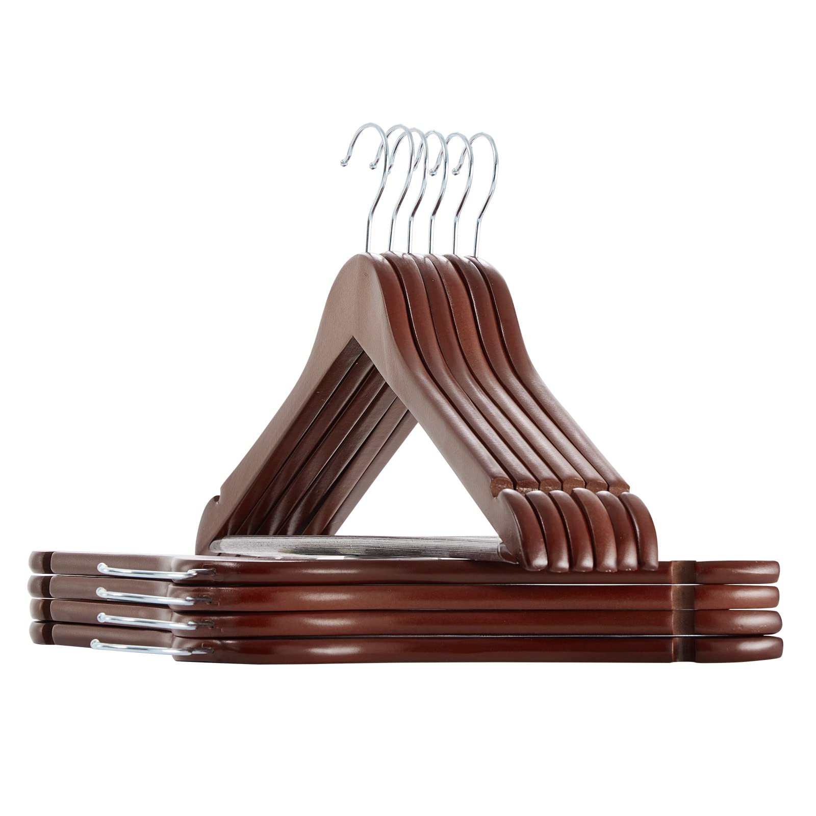 Premium 10-Pack Solid Natural Wooden Coat Hangers - Heavy Duty Smooth Finish with Non-Slip Pant Bar & Chrome Swivel Hook - Perfect for Closets, Wardrobes, Suits & Jackets Organization (Ideal for Home, Office & Hotel Use)