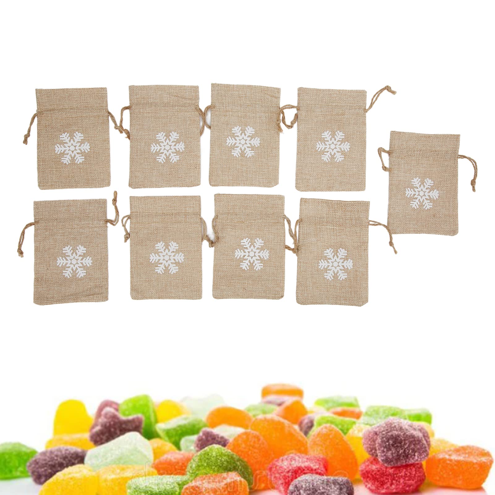 4.1 x 5.9 Inch Reusable Burlap Drawstring Gift Bags with White Snowflake Print - 9 Pack for Christmas Presents, Party Favors & Wedding Decorations