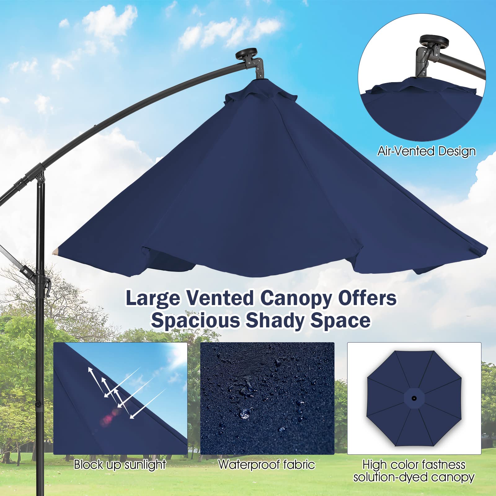 Giantex 10 Ft Solar Powered LED Patio Umbrella with 8 Ribs & Tilting Adjustment - Heavy Duty Cantilever Outdoor Umbrella for Pool, Garden, Deck, and Backyard Relaxation