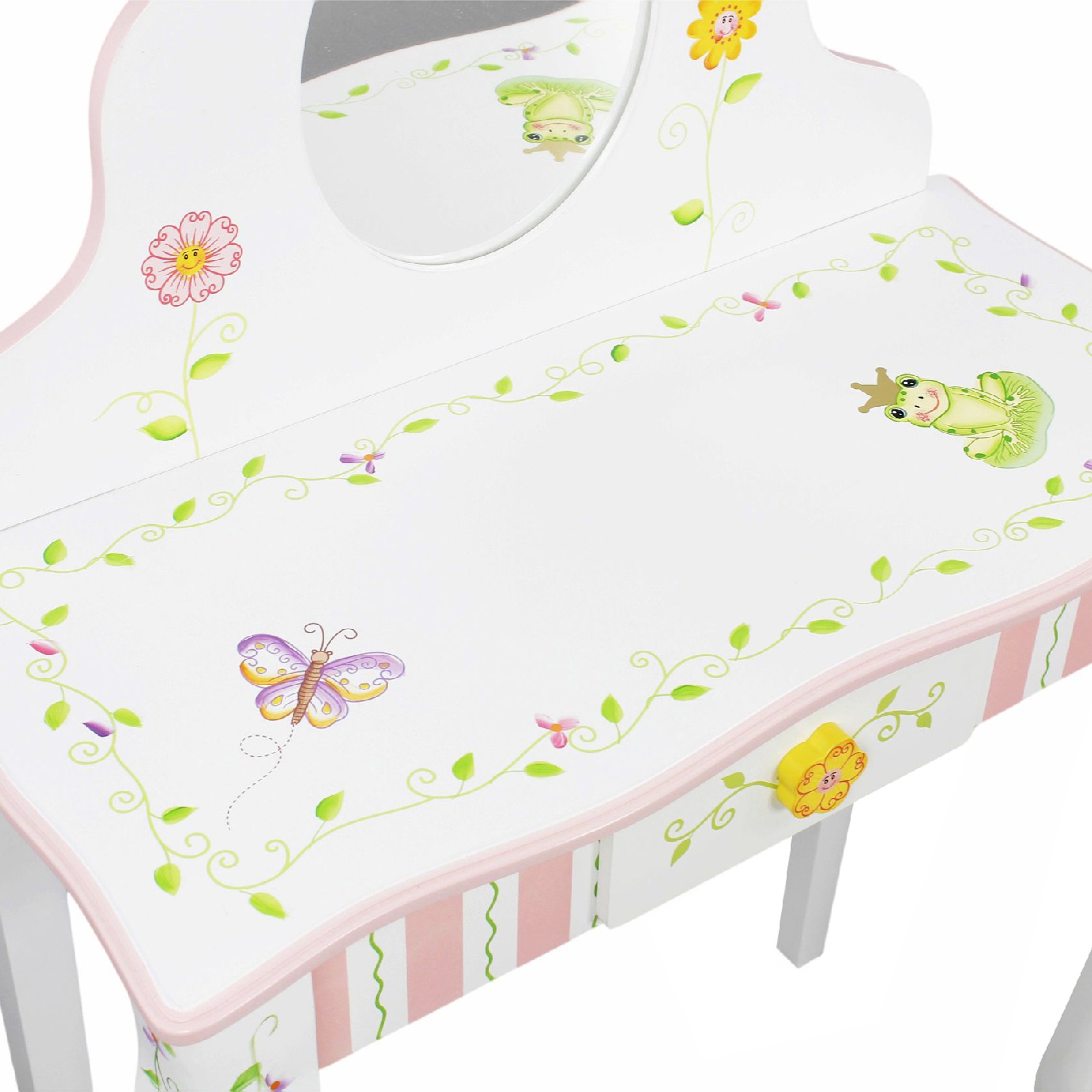 Fantasy Fields Princess & Frog Kids Vanity Table and Stool Set with 1 Drawer - White & Pink Crown-Themed Dresser for Girls Bedroom, Birthday Gift for Toddlers (Perfect for Pretend Play & Room Decor)