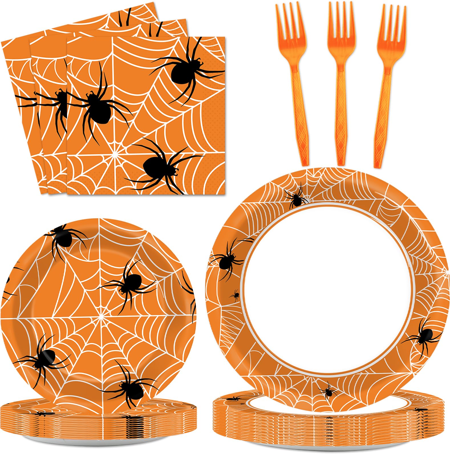 100 Pcs Black and White Spiderweb Party Plates & Napkins Set - Halloween Dinnerware for 25 Guests | Perfect for Halloween Parties, Themed Decorations & Spooky Table Settings