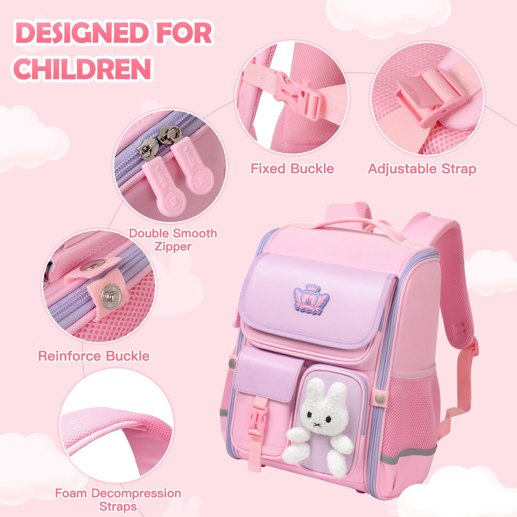 Cute Pink Girls Backpack for School - Large Capacity Waterproof Travel Bookbag for Elementary Kids Aged 6-12 | Perfect for Daily Use, Classroom, Outdoor Activities & Weekend Trips