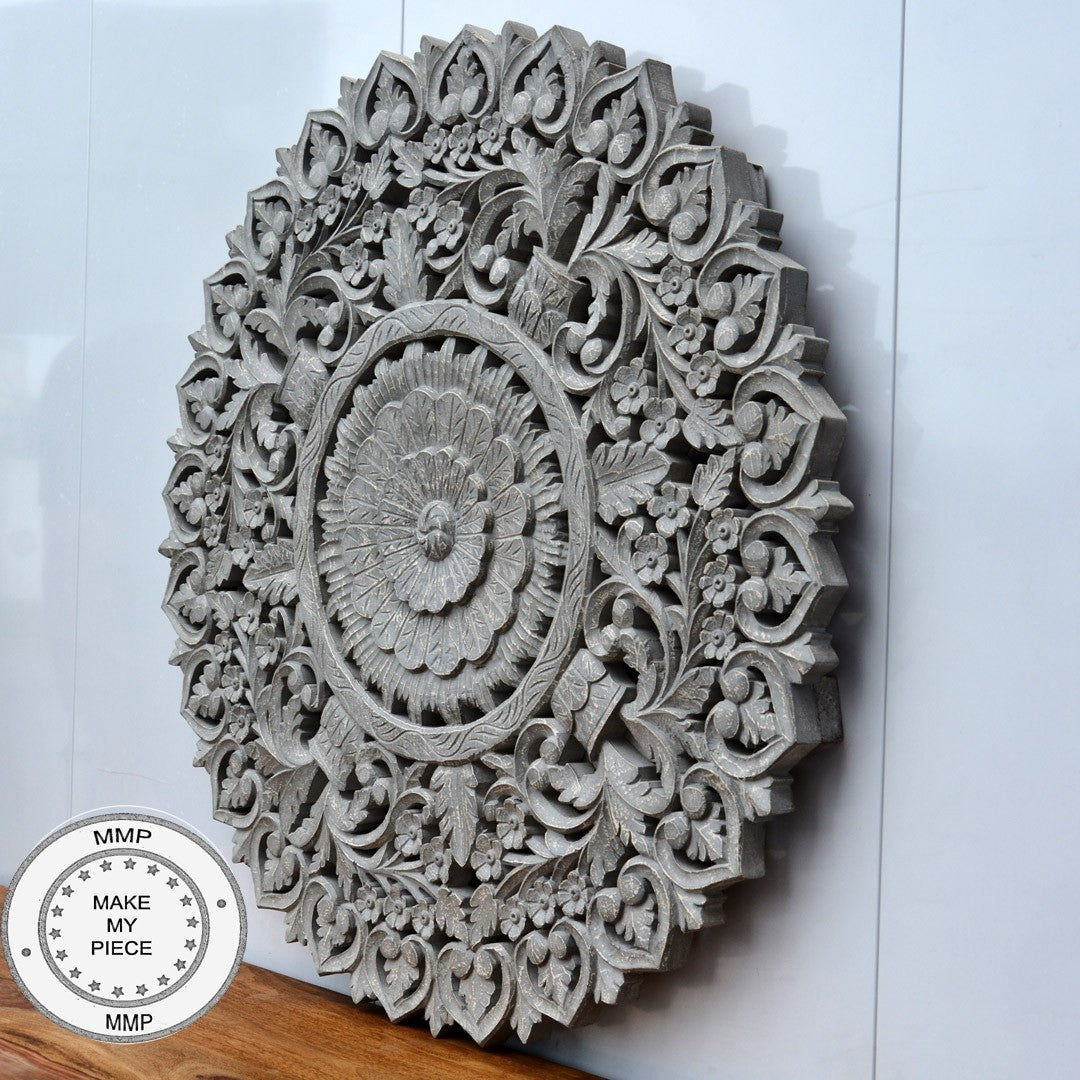 Hand Carved Indian Wooden Round Wall Decor Panel - Traditional Grey Wood Art for Home & Office Decoration | Perfect for Living Room, Bedroom, and Meditation Spaces
