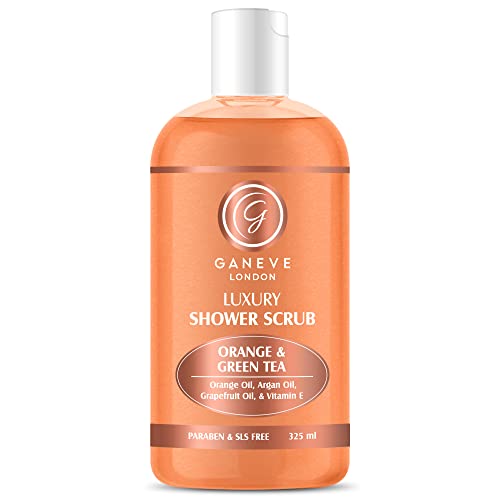 Ganeve London Luxury Shower Scrub with Orange & Green Tea - Infused with Orange Oil, Argan Oil, Grapefruit Oil & Vitamin E - Paraben & Sulfate Free (325ml) - Exfoliating Body Scrub for Smooth, Glowing Skin - Perfect for Spa Day & Self-Care Routine