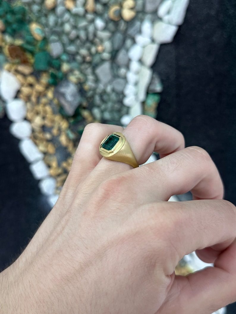 3.86ct Natural Emerald Cut Green Emerald Ring in 18K Gold - Unisex Matte Finish Gypsy Style Jewelry for Weddings, Engagements & Special Occasions