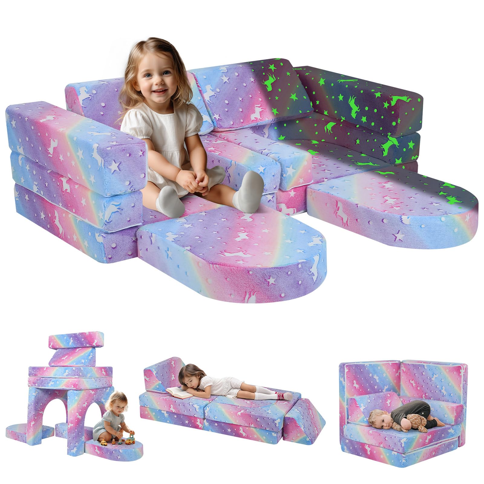 MeMoreCool Toddler Couch - 10-Piece Modular Play Sofa for Kids, Foldable Playroom Furniture for Boys & Girls, Glow-in-the-Dark Rainbow Design - Perfect for Playrooms, Bedrooms & Daycare Centers