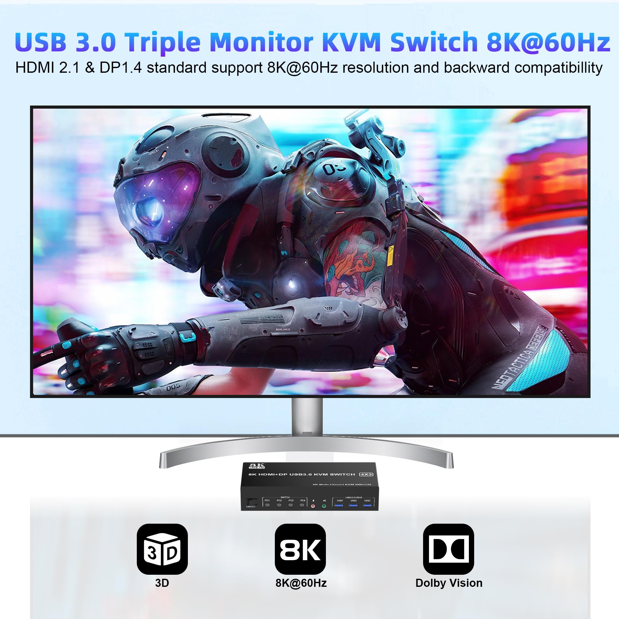 8K@60Hz DisplayPort 1.4 + HDMI 2.1 KVM Switch for 4 Computers & 3 Monitors - USB 3.0 Hub with Audio/Microphone Ports - Triple Monitor Keyboard Mouse Switcher for Gaming, Office & Multi-Tasking Workstations