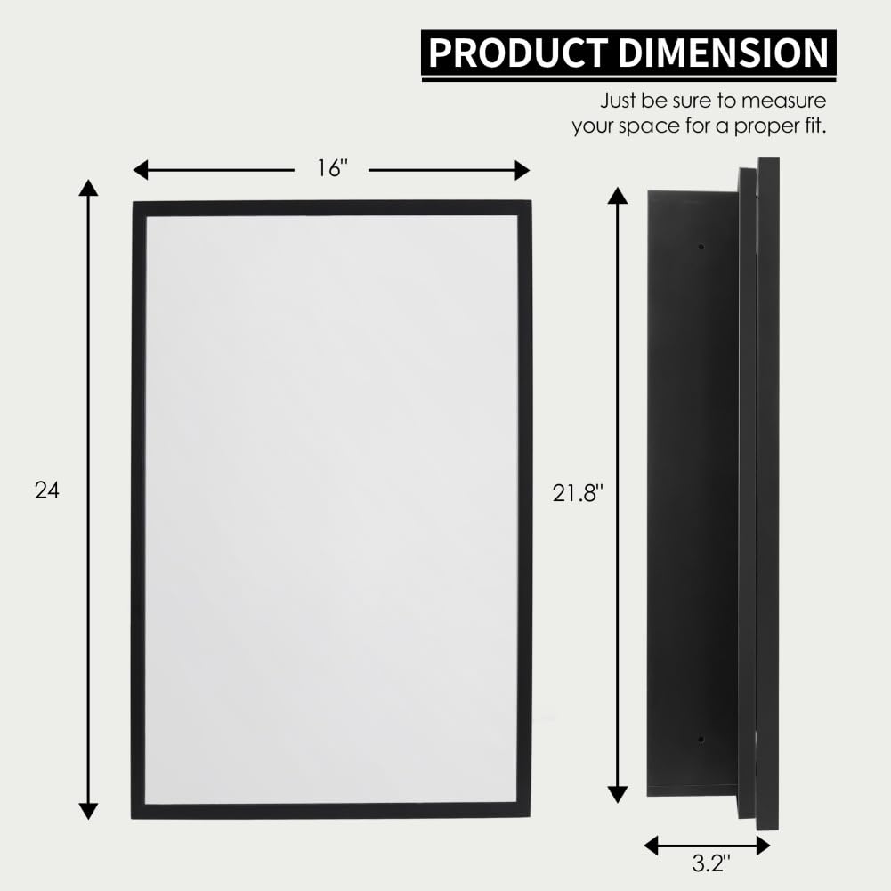 16x24 Inch Black Metal Framed Recessed Medicine Cabinet with Mirror - Wall Mounted Bathroom Storage for Toiletries & Essentials | Perfect for Small Bathrooms, Vanities & Modern Home Decor