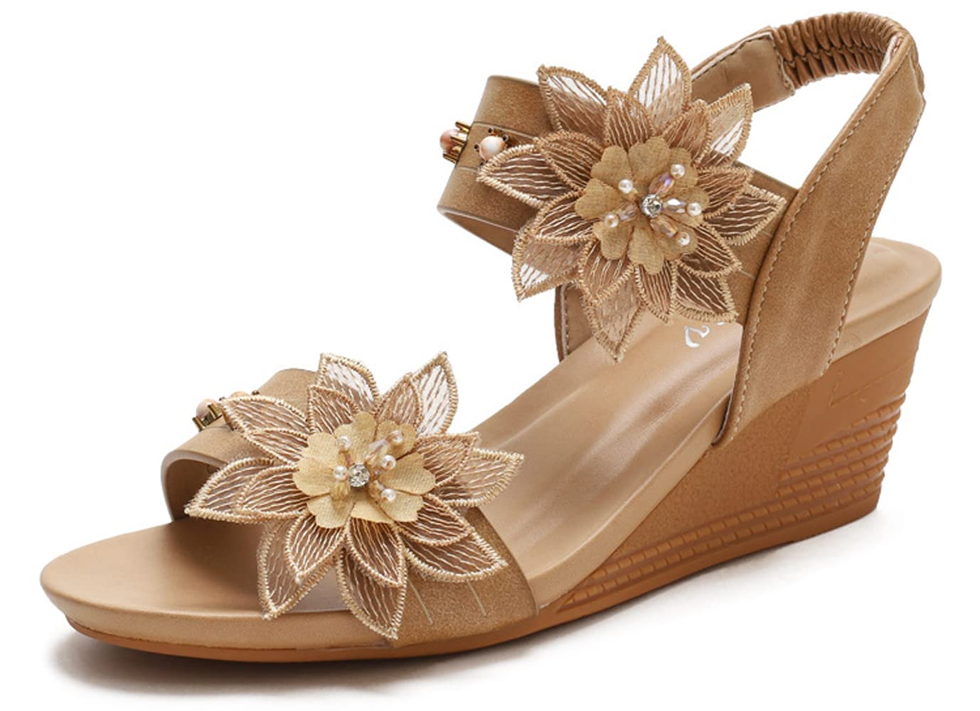 Women's Wedge Sandals with Floral Lace & Diamond Studs - Comfortable Summer Shoes for Ladies - Perfect for Beach, Vacation, and Casual Outings