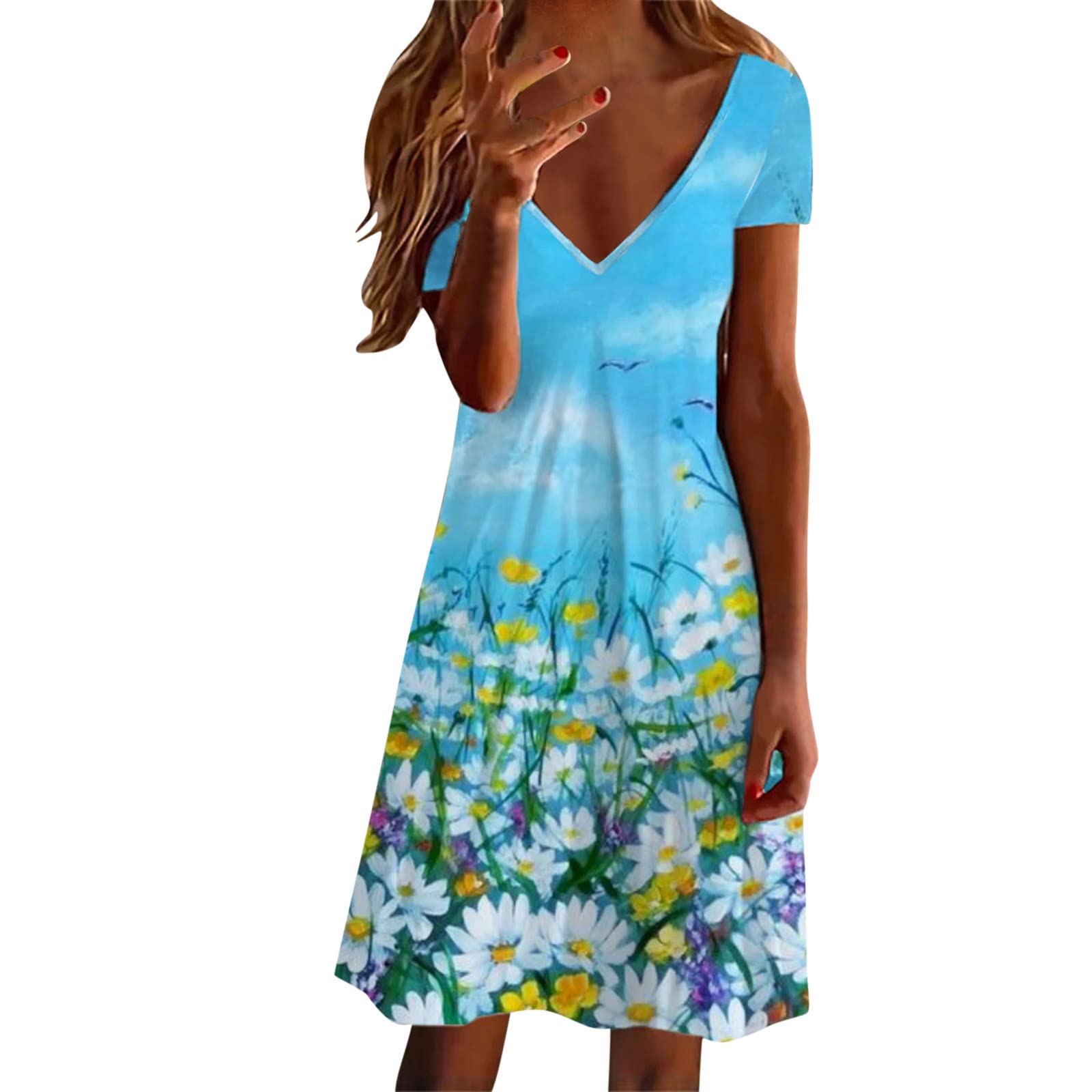 UYTOGOFE Women's Floral Print V-Neck Short Sleeve Summer Dress - Casual Beach Sundress in Pink for Vacation, Pool Party & Outdoor Activities