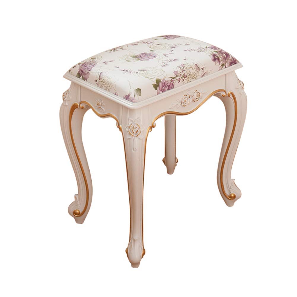 Vanity Bench with Upholstered Seat & Steel Legs - Baroque Style Dressing Stool, Makeup Chair, Padded Piano Bench for Bedroom, Living Room, Dressing Room | High Resilience Sponge Cushion for Comfortable Seating While Applying Makeup or Relaxing