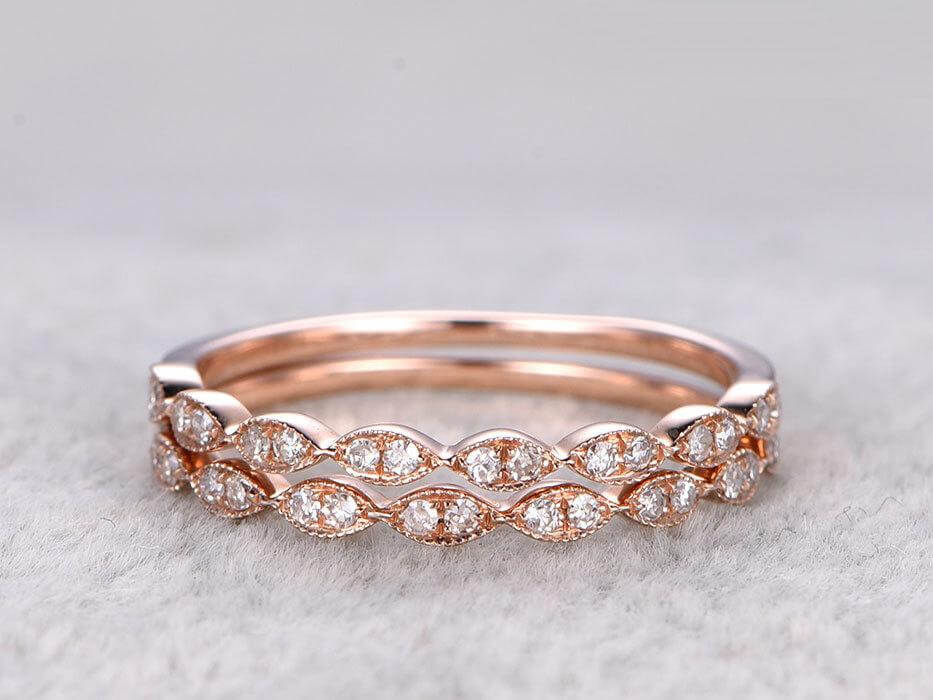 0.50 Carat Moissanite Diamond Wedding Ring Set - 2 Piece Stackable Art Deco Band for Women - 10k Rose Gold Anniversary Jewelry - Perfect for Bridal, Engagement & Special Occasions