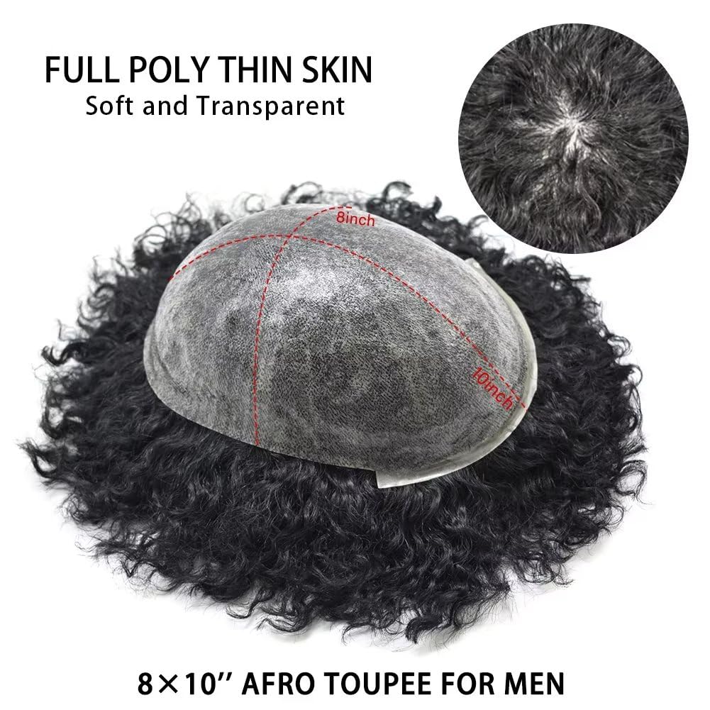 Afro Curl Toupee for Black Men - 100% Human Hair Replacement System with Kinky Curly 12mm Afro Wave (Jet Black #1) - Natural-Looking Mens Wig for African American Hair Loss & Styling - Perfect for Daily Wear, Special Occasions & Confidence Boosting