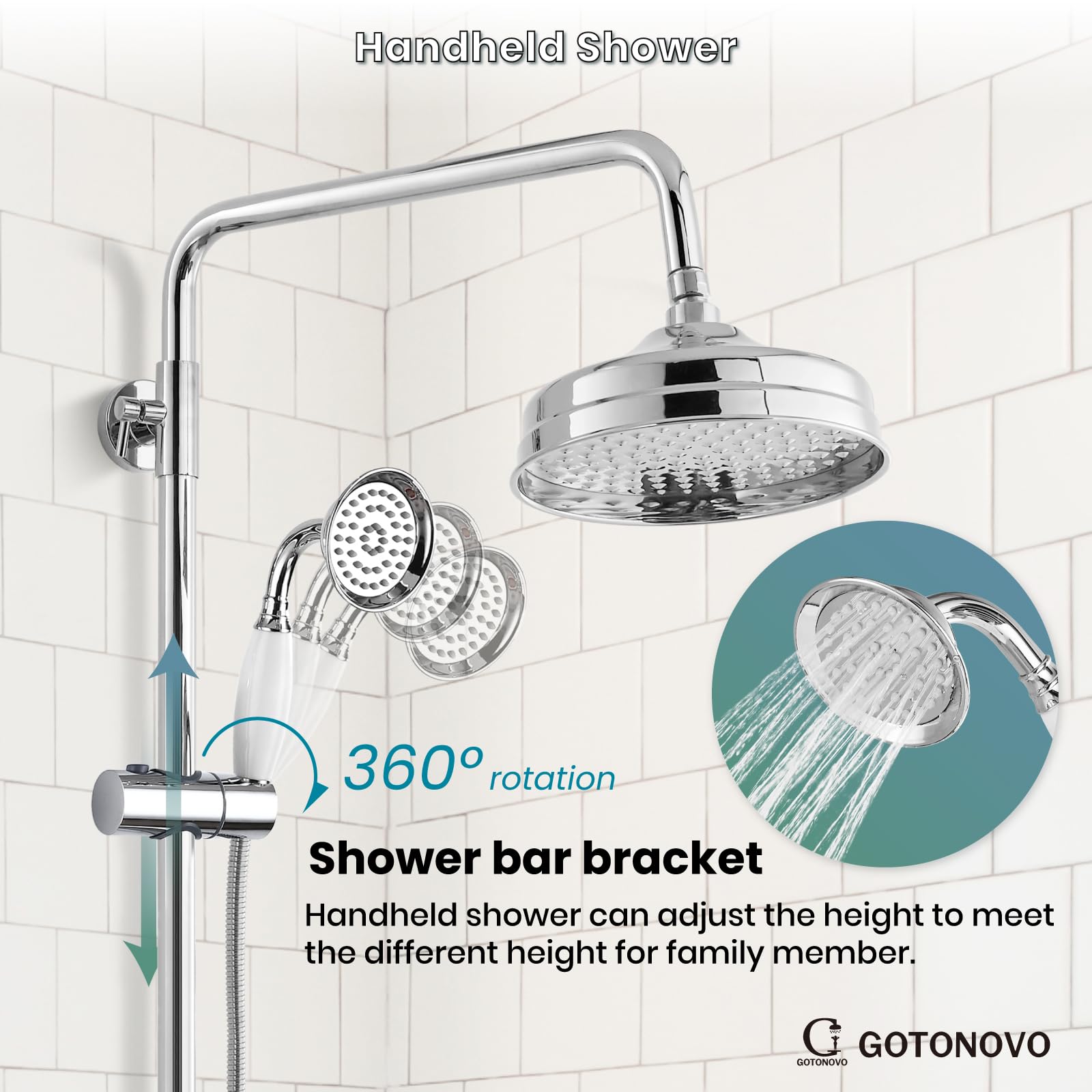 Luxury 8 Inch Wall Mount Rainfall Shower System with Handheld Spray - Polished Chrome Exposed Shower Faucet Set, Adjustable Straight Rod & Cross Double Handle for Modern Bathrooms | Perfect for Spa-Like Experience and Daily Relaxation